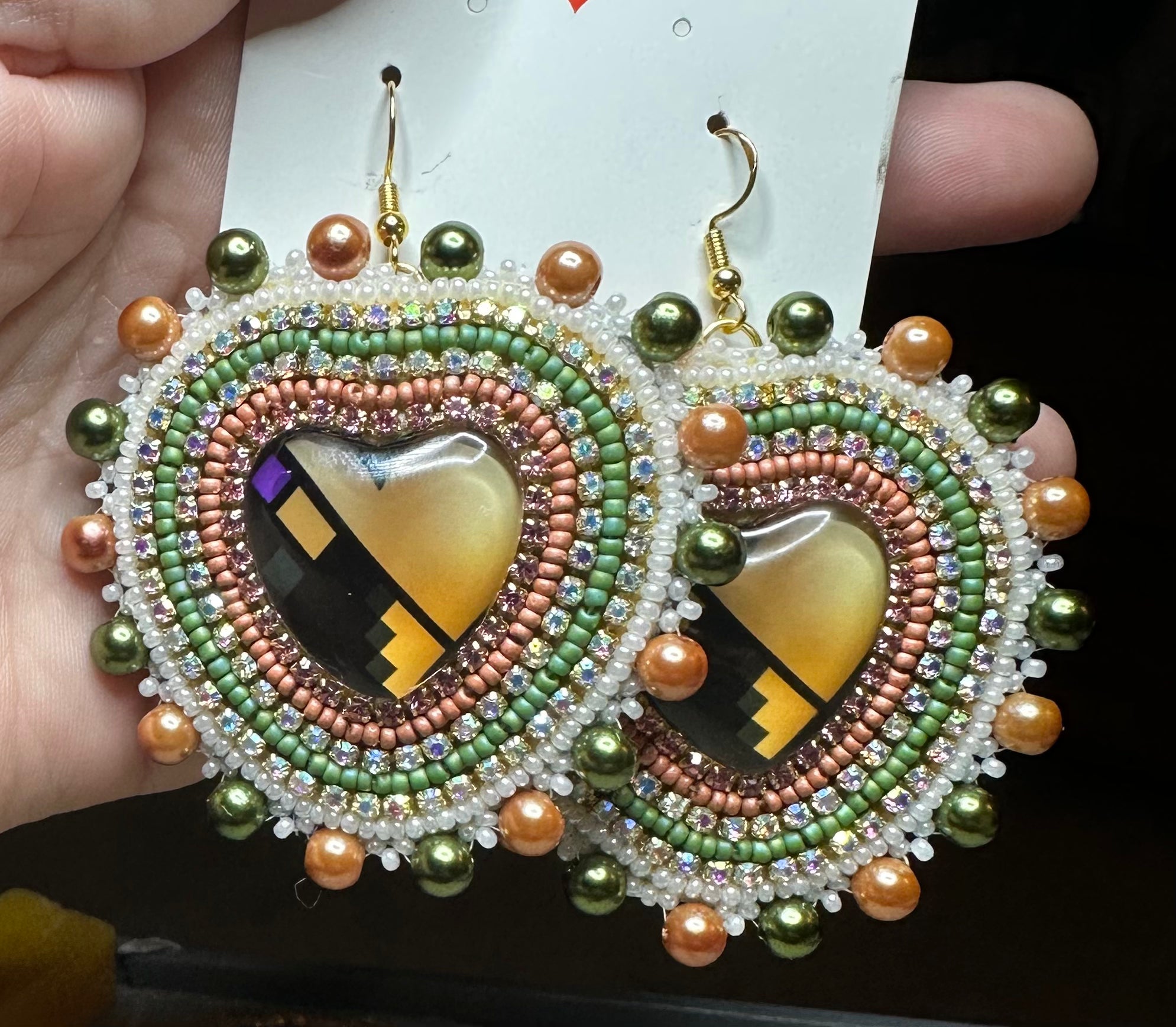 Beaded Cabochon Heart Earrings