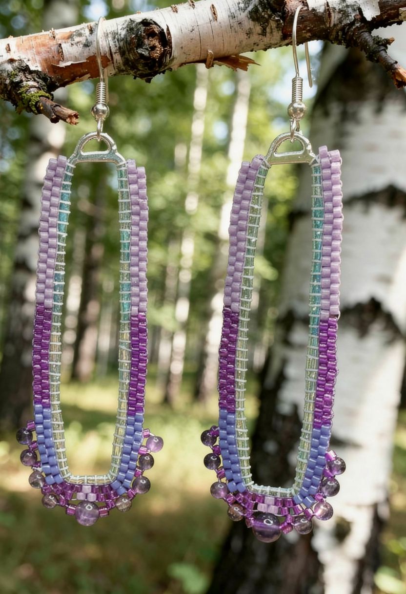 Gradient Purple Rectangle Beaded Earrings with Amethyst