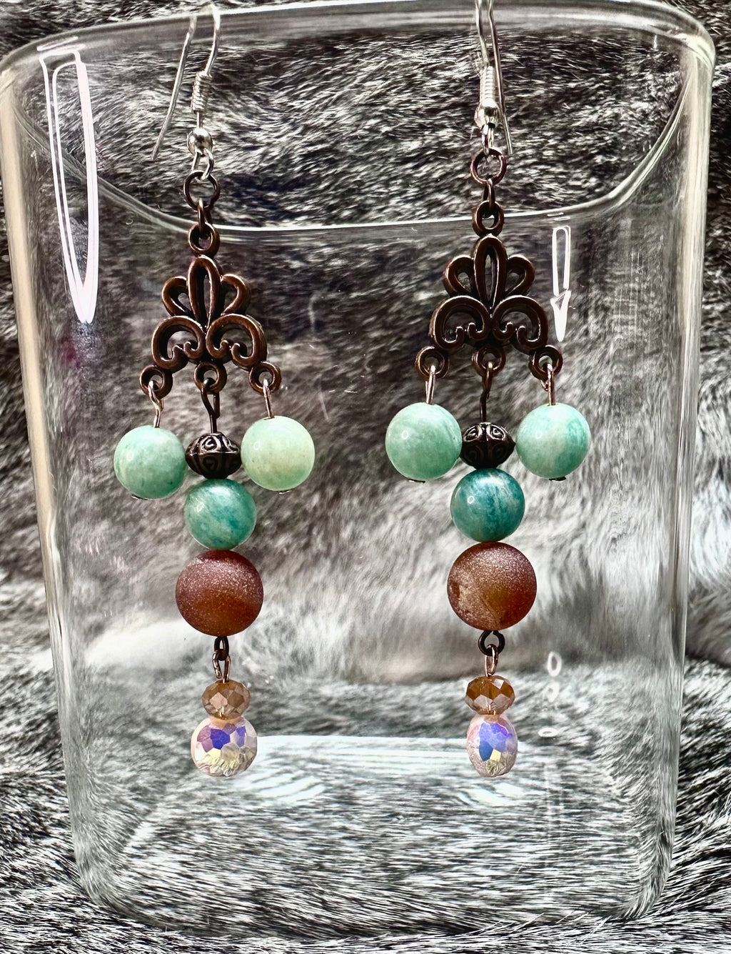 Copper Chandelier Earrings w/Carnelian, Aventurine and Crystals