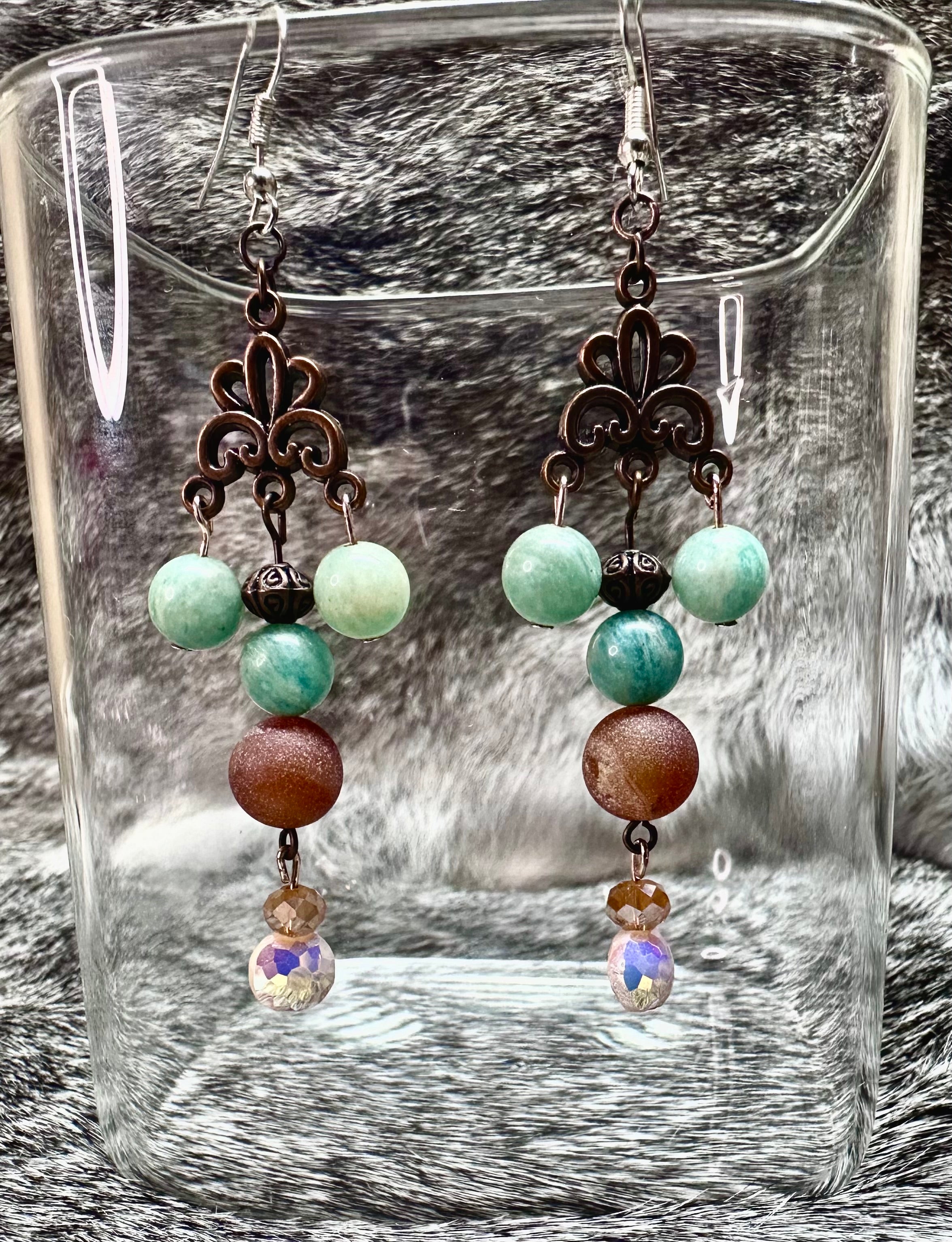 Copper Chandelier Earrings w/Carnelian, Aventurine and Crystals