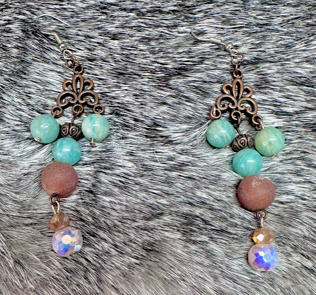 Copper Chandelier Earrings w/Carnelian, Aventurine and Crystals