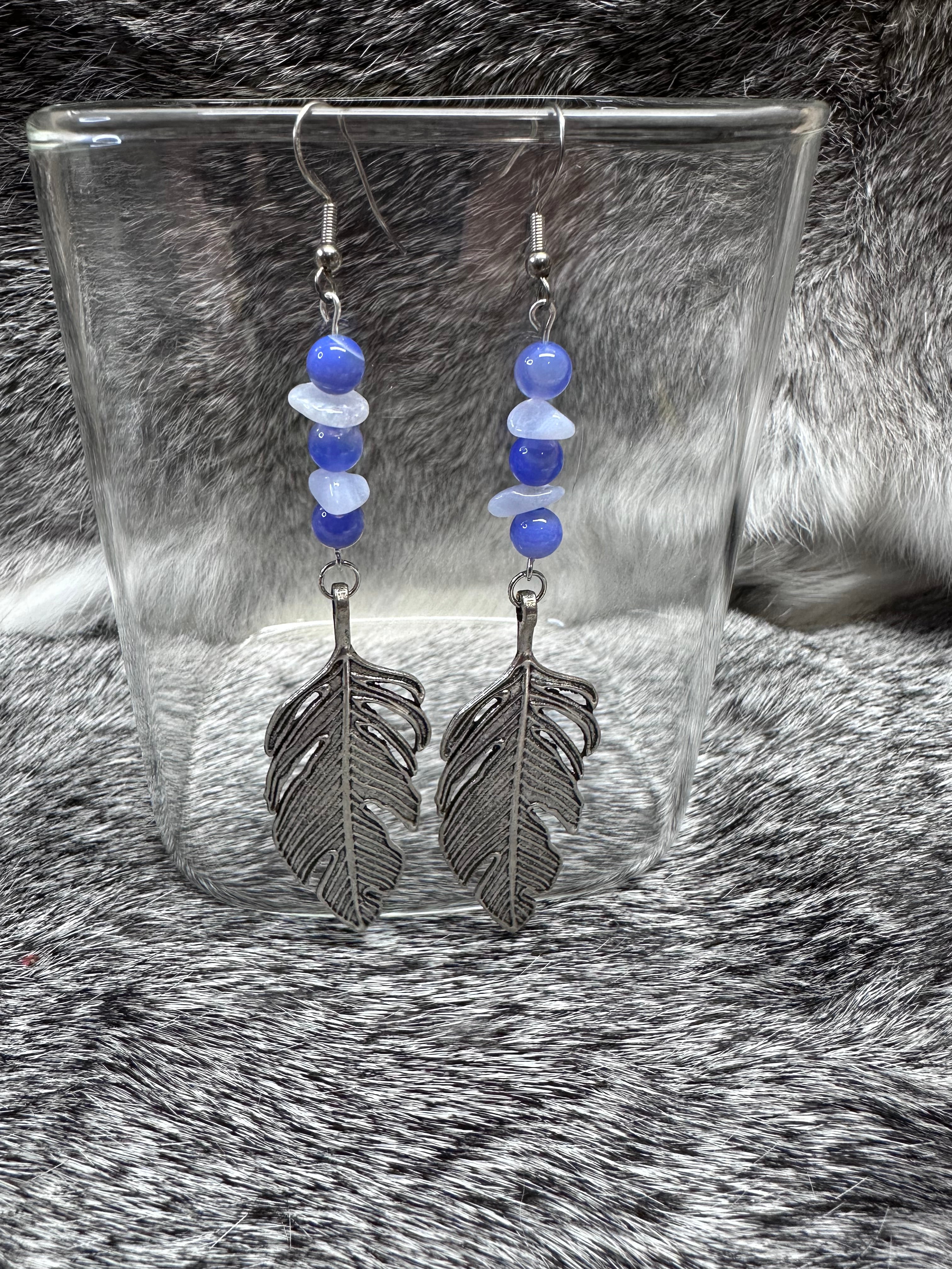 Silver Cut-Out Leaves with Blue Beads and Agate Chip Earrings