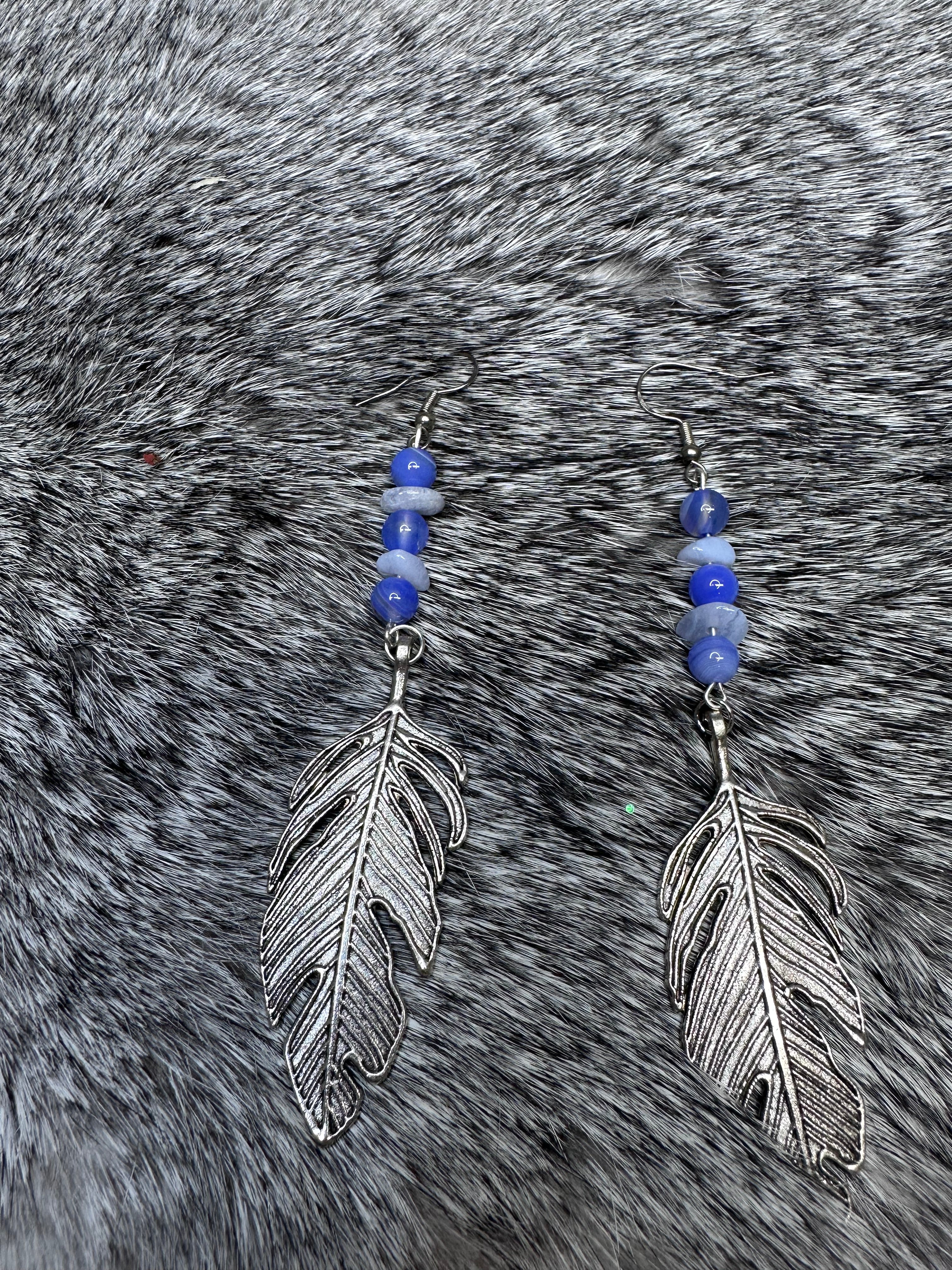 Silver Cut-Out Leaves with Blue Beads and Agate Chip Earrings