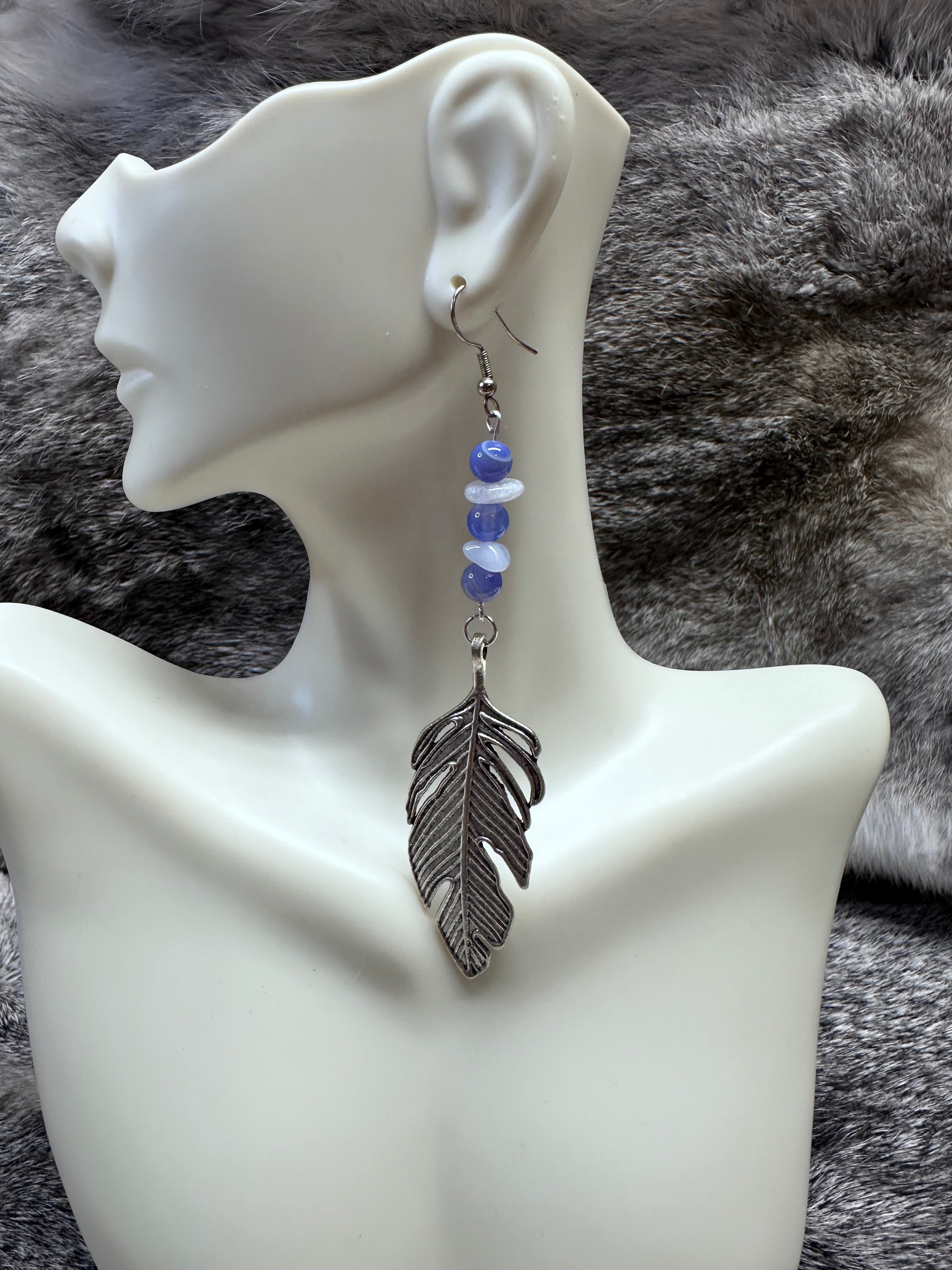 Silver Cut-Out Leaves with Blue Beads and Agate Chip Earrings