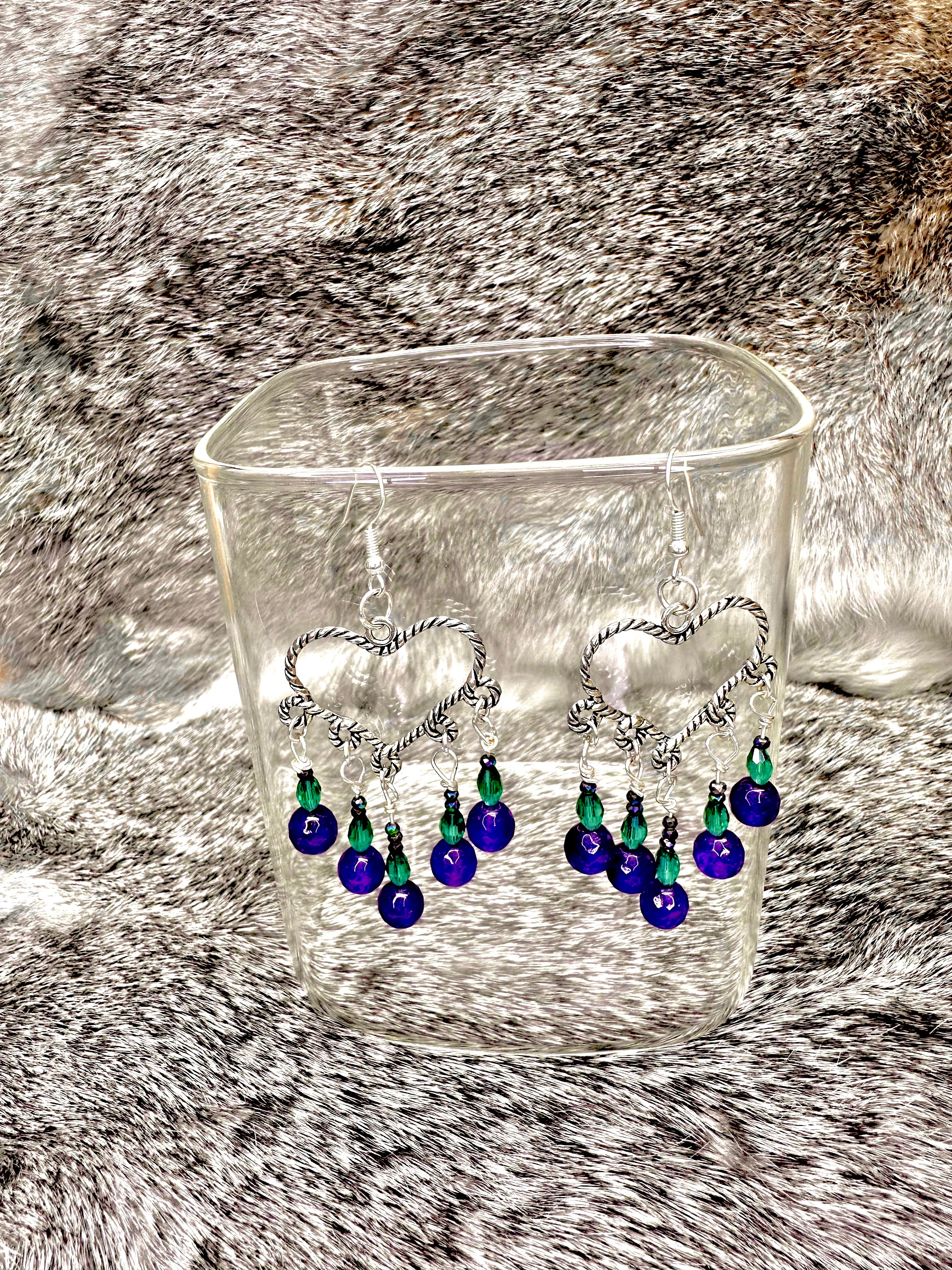 Open Heart Chandelier Earrings w/Green and Purple Crystals