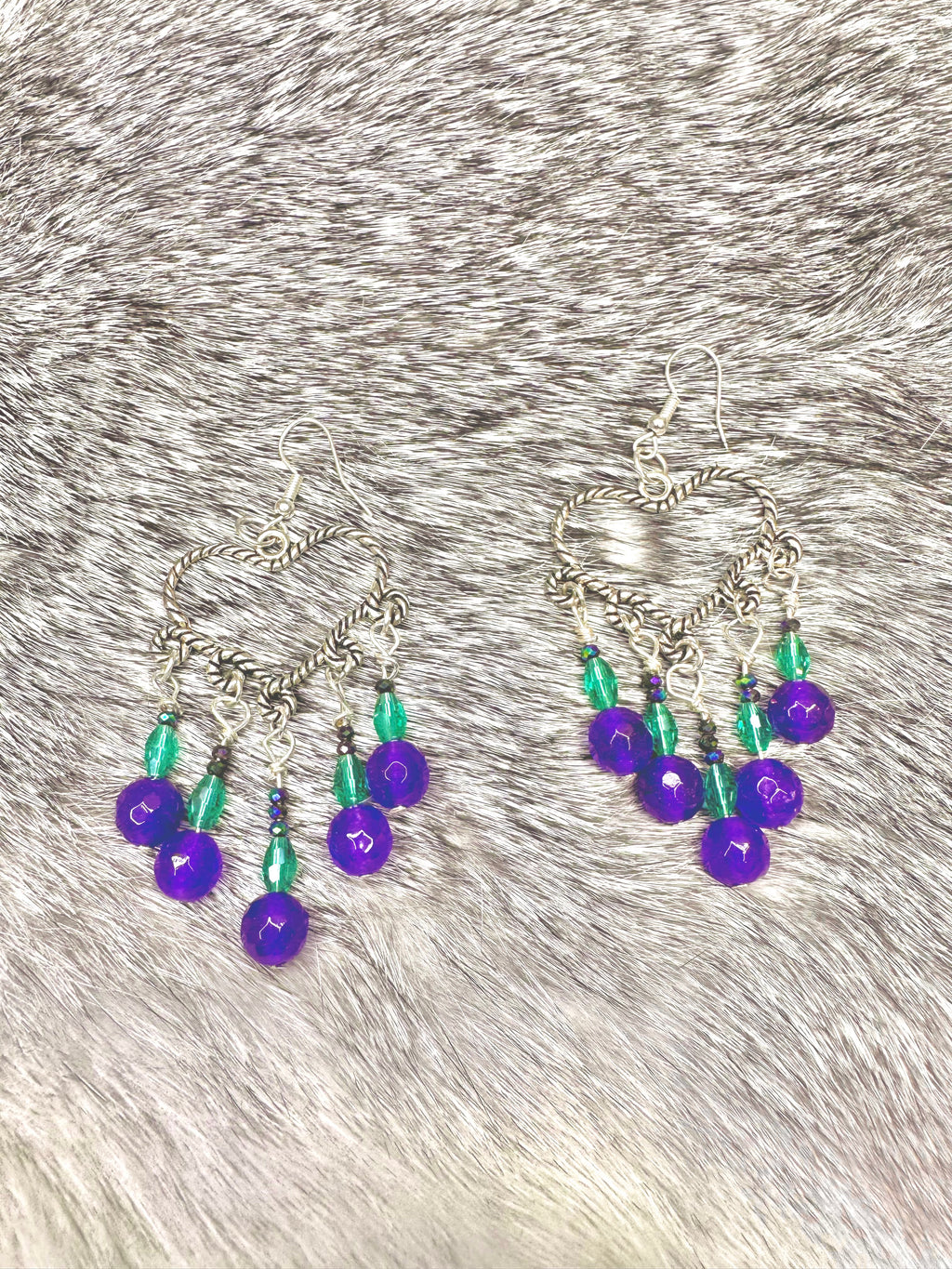 Open Heart Chandelier Earrings w/Green and Purple Crystals