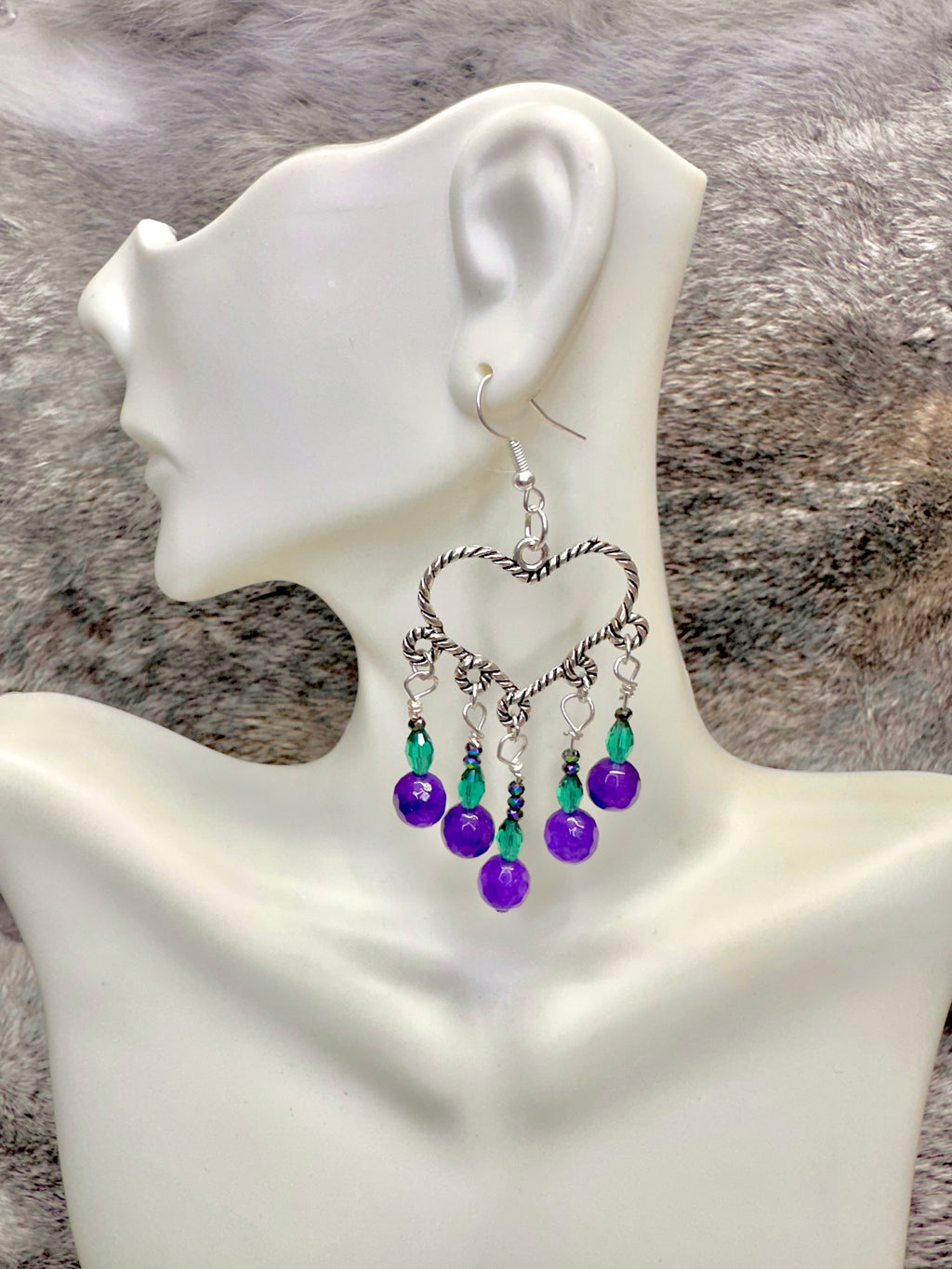 Open Heart Chandelier Earrings w/Green and Purple Crystals