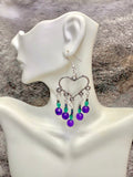 Open Heart Chandelier Earrings w/Green and Purple Crystals