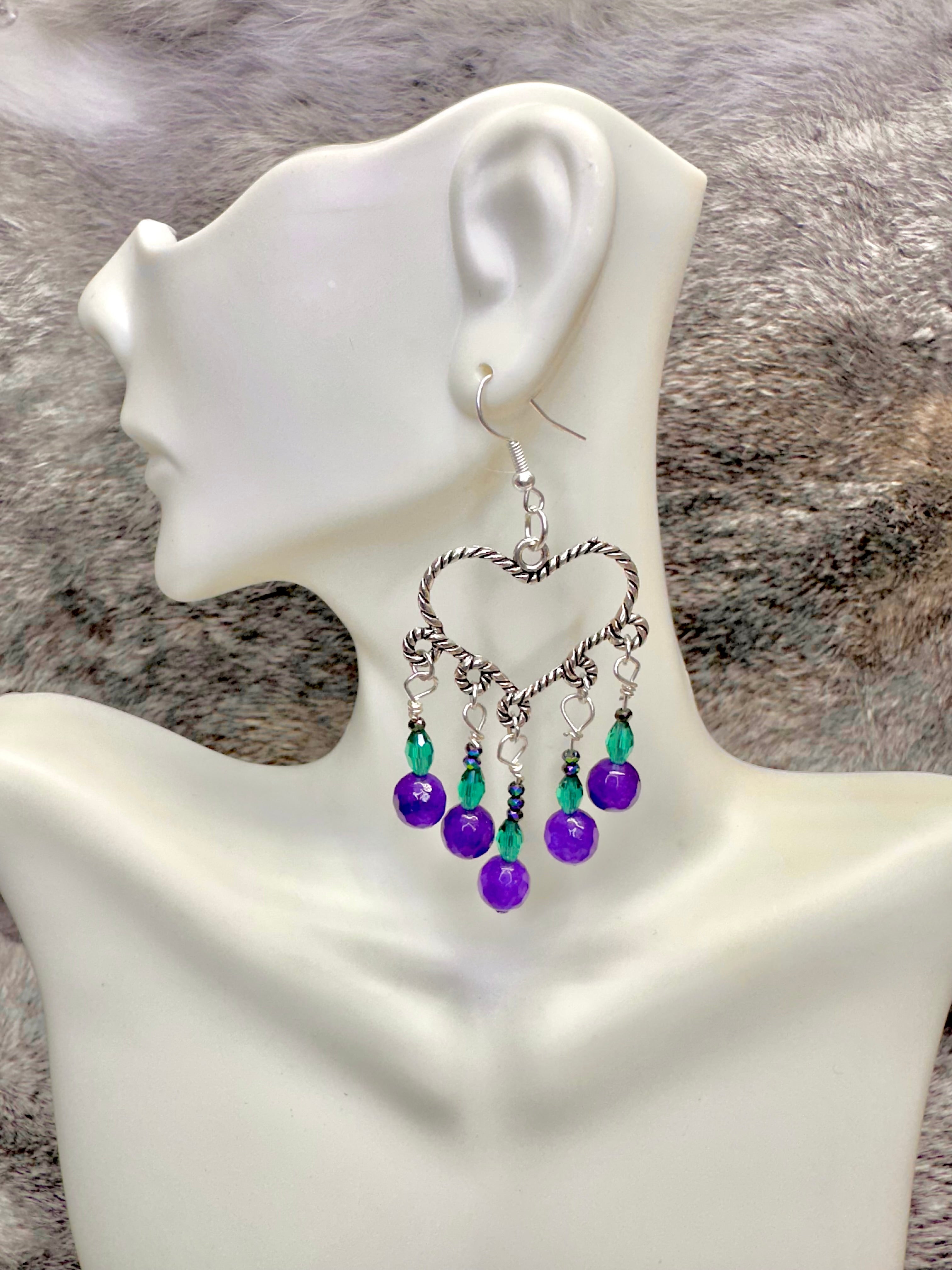 Open Heart Chandelier Earrings w/Green and Purple Crystals