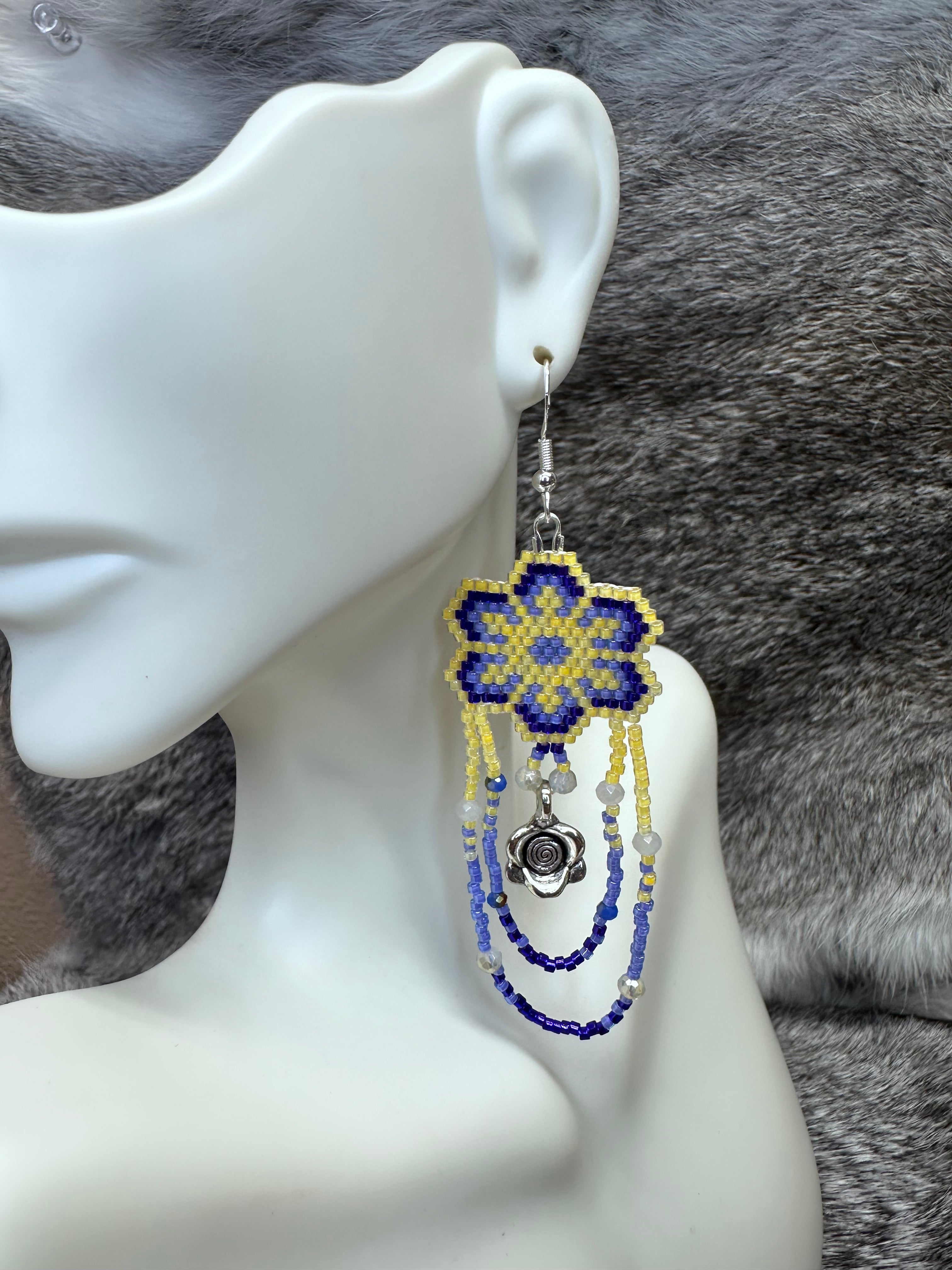 Brick Stitch Flower Loop Fringe Earrings