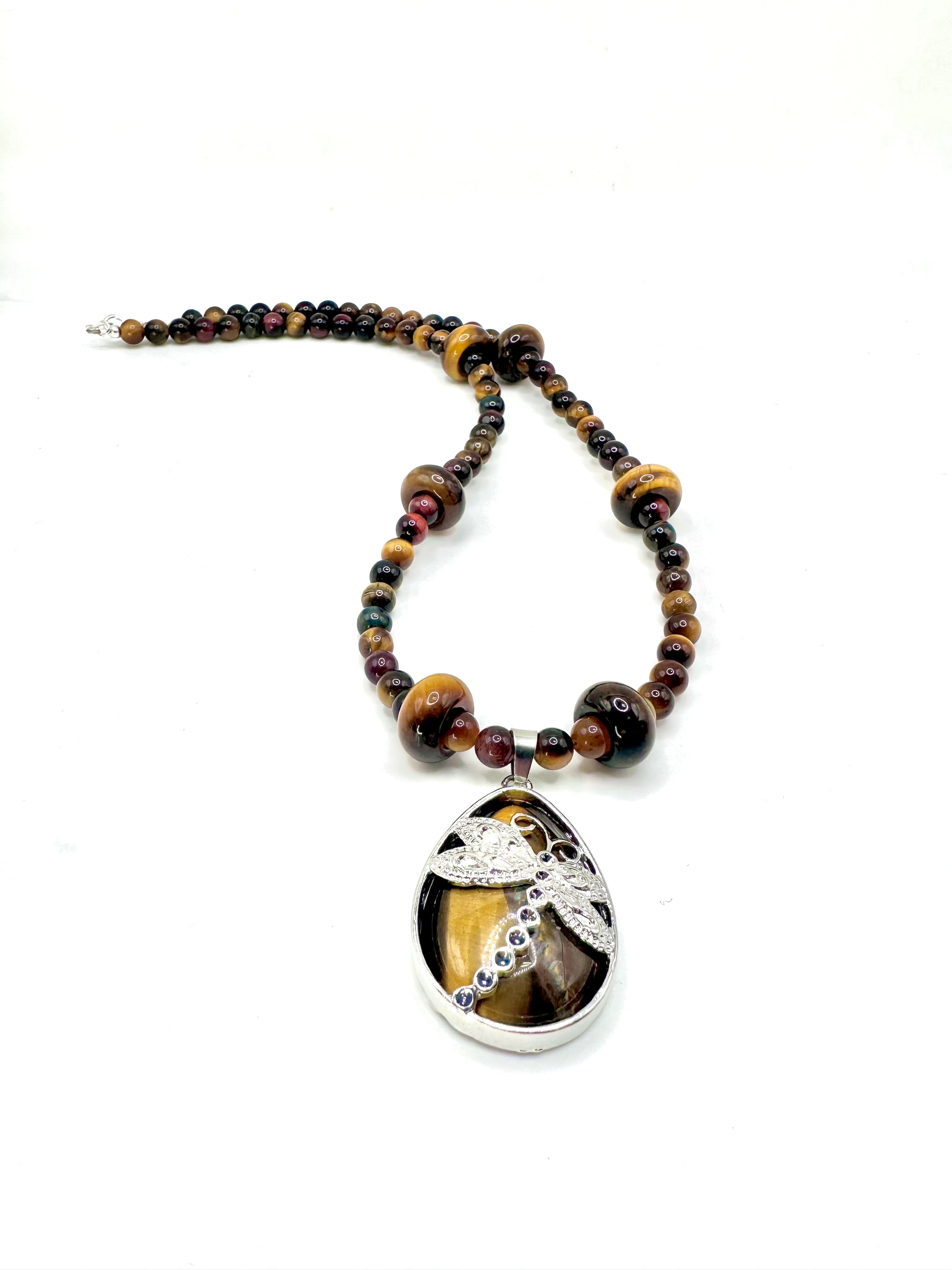 Tiger Eye Necklace with Drop Dragonfly Pendant