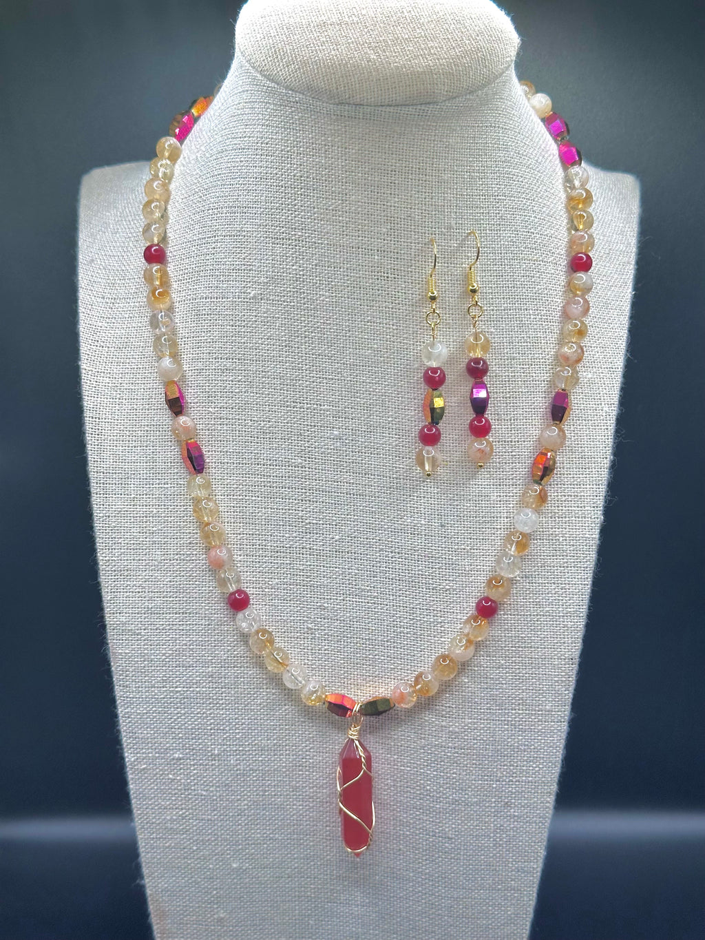 Citrine and Carnelian with Crystals Necklace and Earring Set