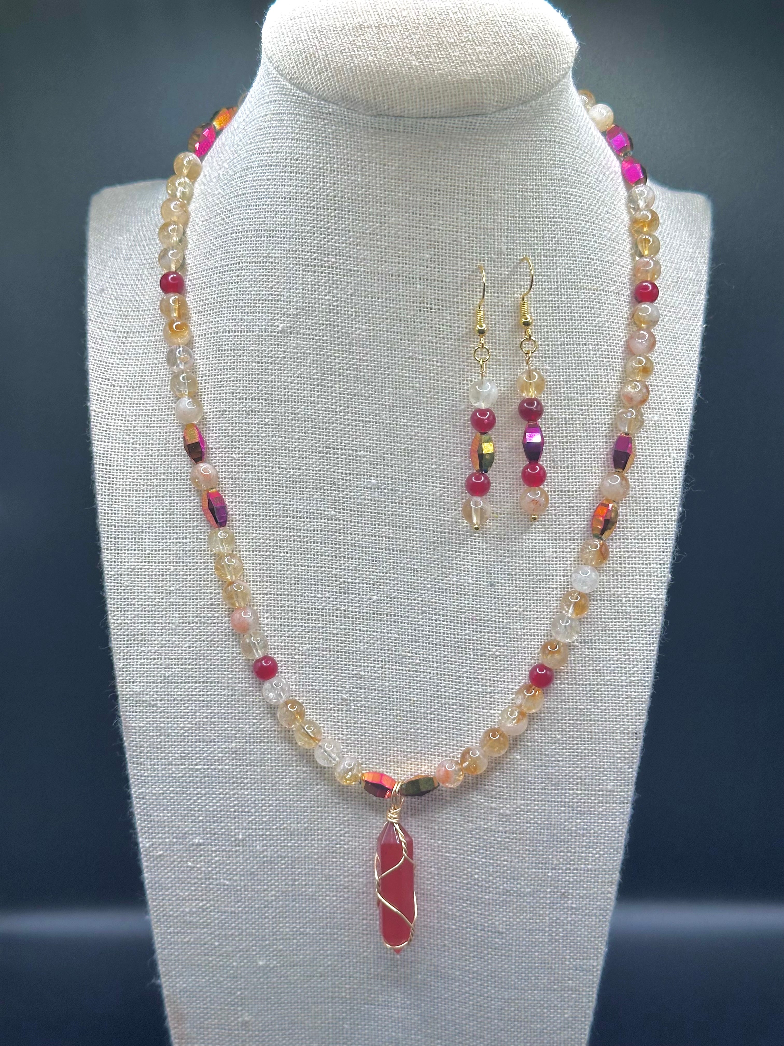 Citrine and Carnelian with Crystals Necklace and Earring Set