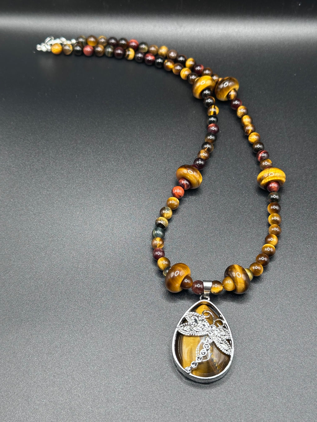 Tiger Eye Necklace with Drop Dragonfly Pendant
