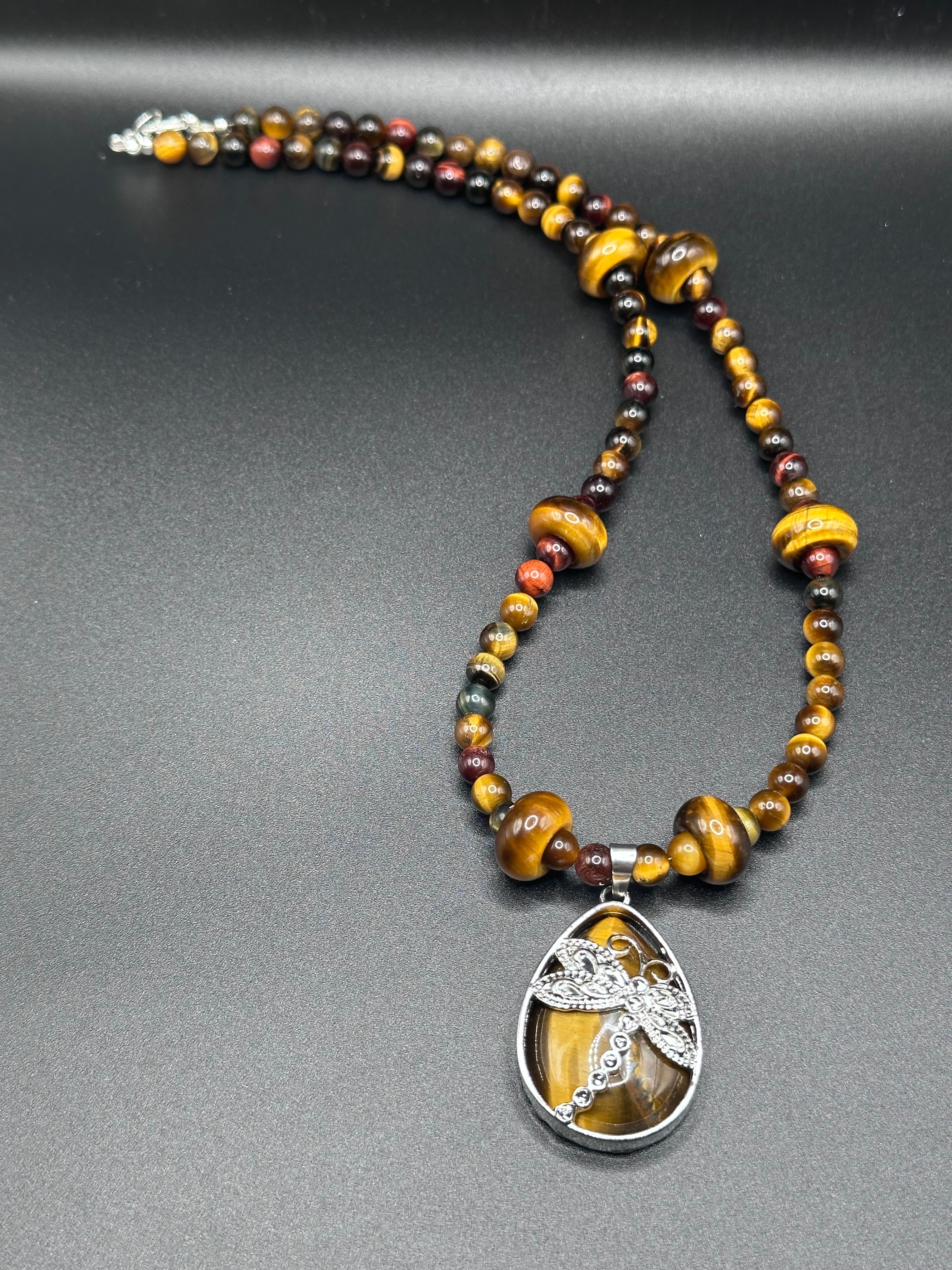 Tiger Eye Necklace with Drop Dragonfly Pendant