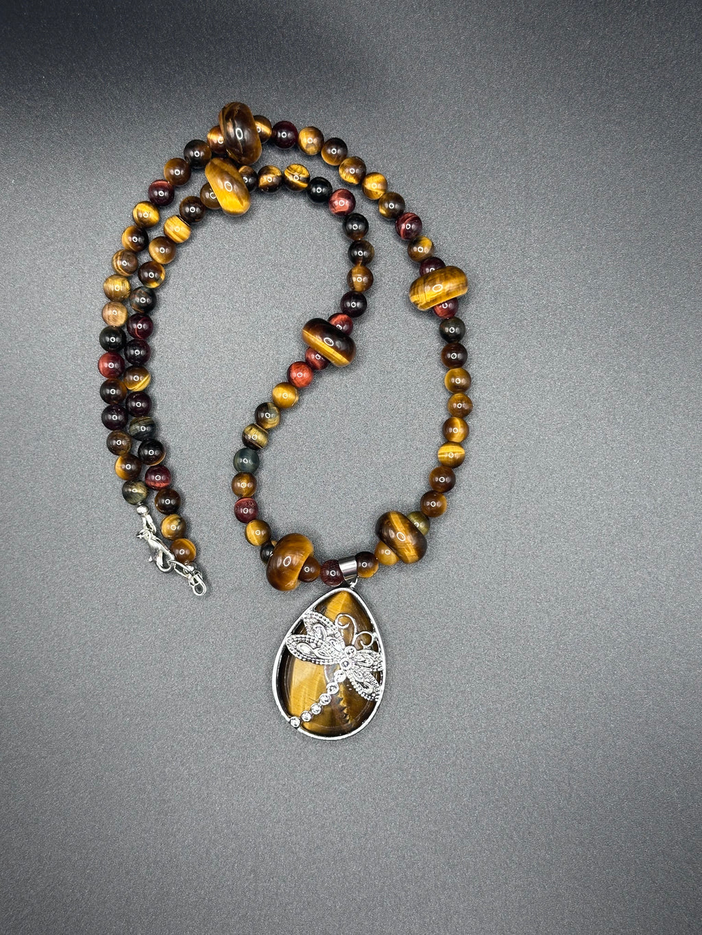 Tiger Eye Necklace with Drop Dragonfly Pendant