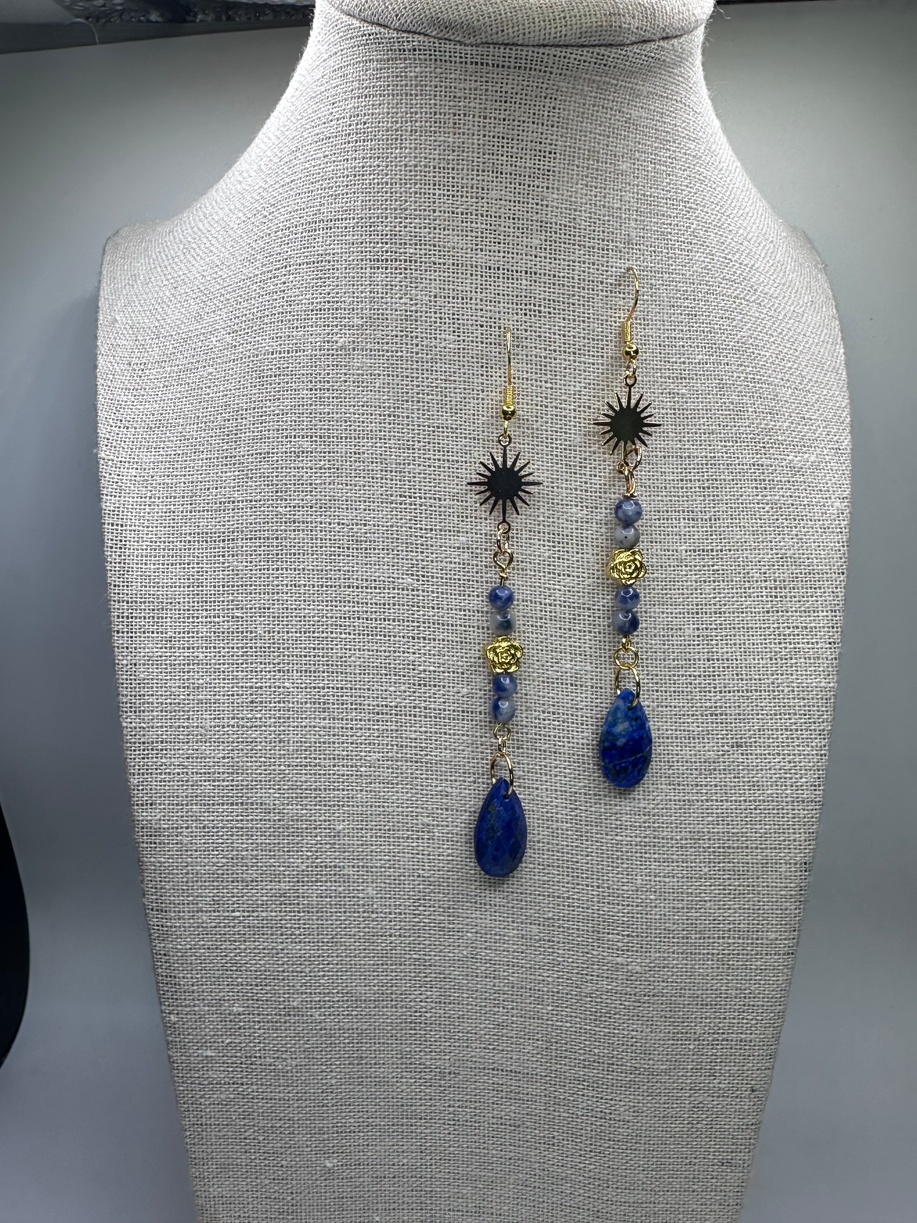 Golden Sunburst Lapis Lazuli Drop Earrings