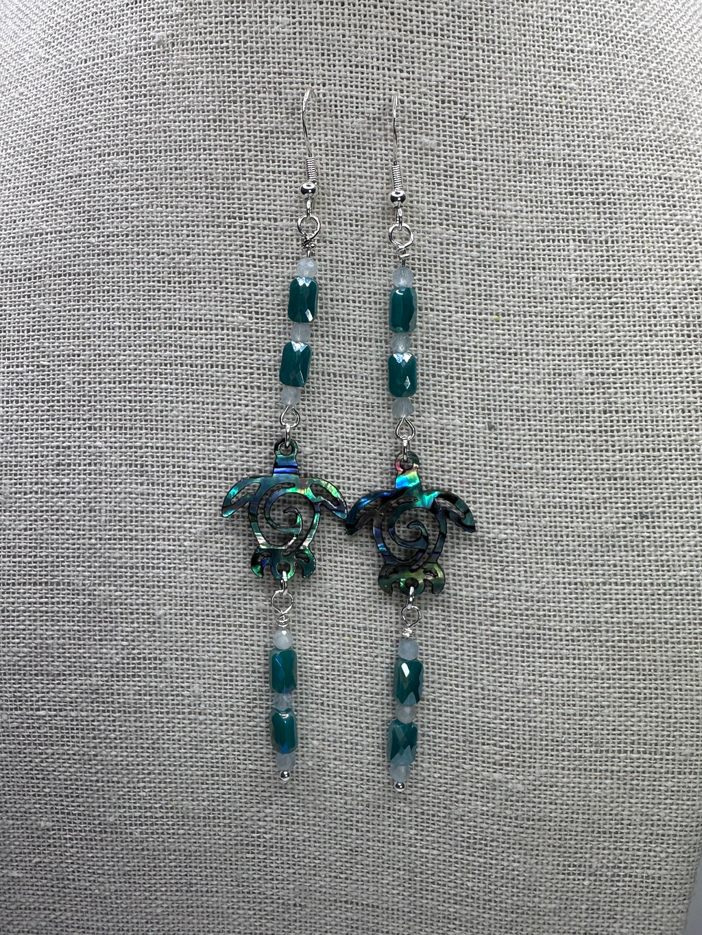 Abalone Inlay on Resin Turtles with Aquamarine and Crystals Earrings