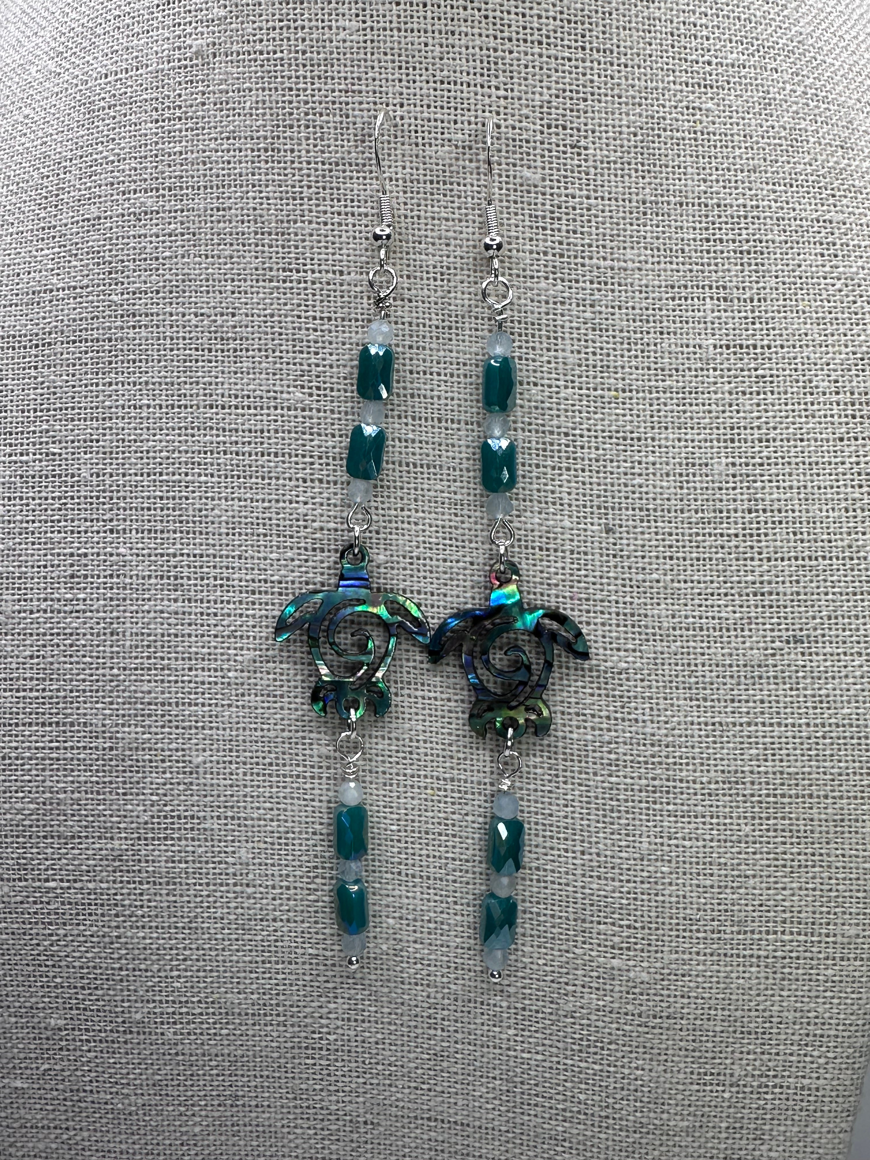 Abalone Inlay on Resin Turtles with Aquamarine and Crystals Earrings
