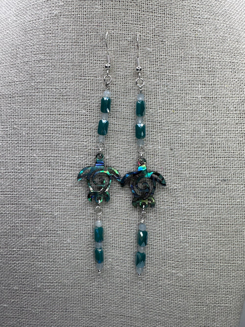 Abalone Inlay on Resin Turtles with Aquamarine and Crystals Earrings