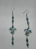 Abalone Inlay on Resin Turtles with Aquamarine and Crystals Earrings
