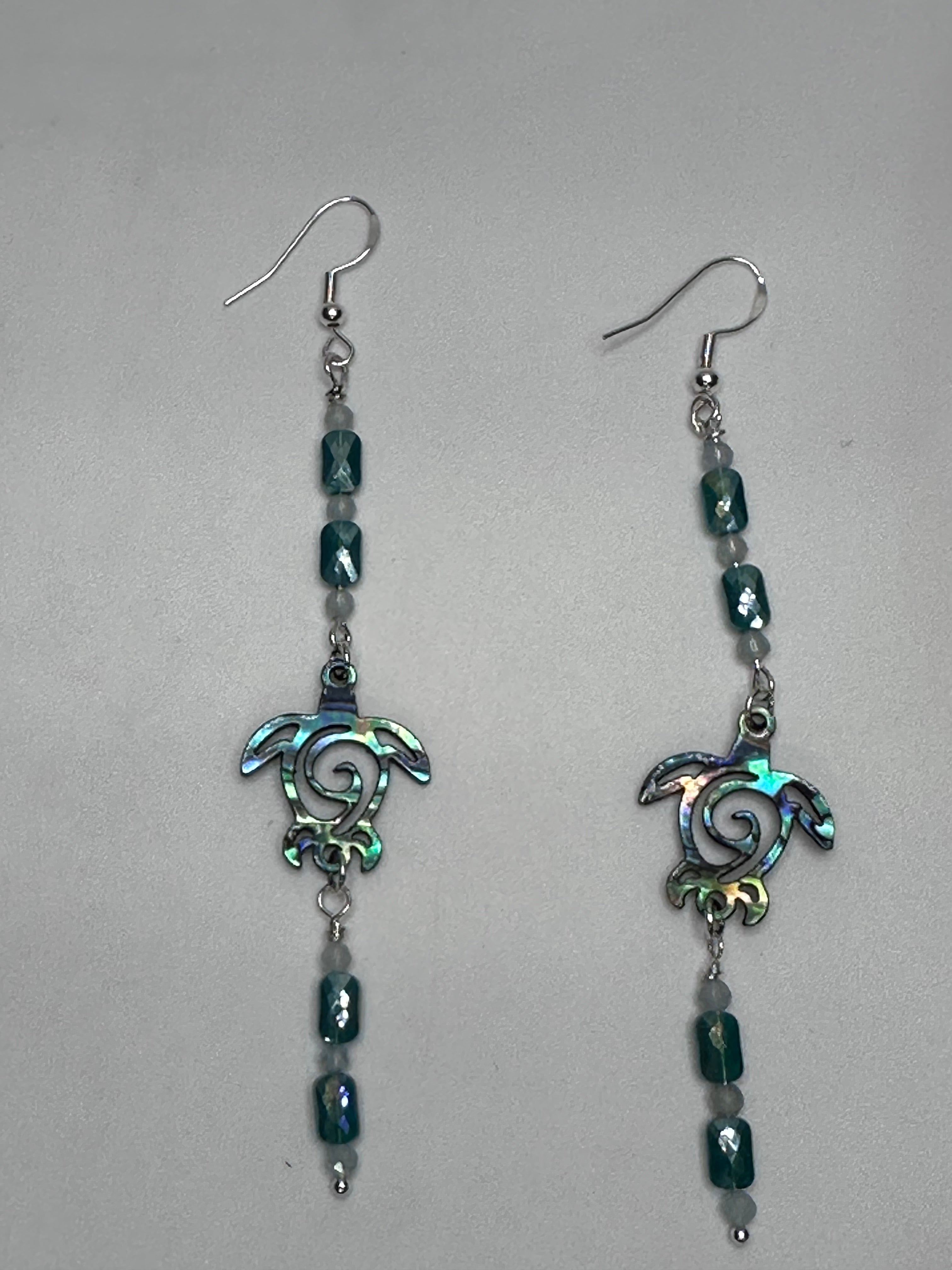 Abalone Inlay on Resin Turtles with Aquamarine and Crystals Earrings