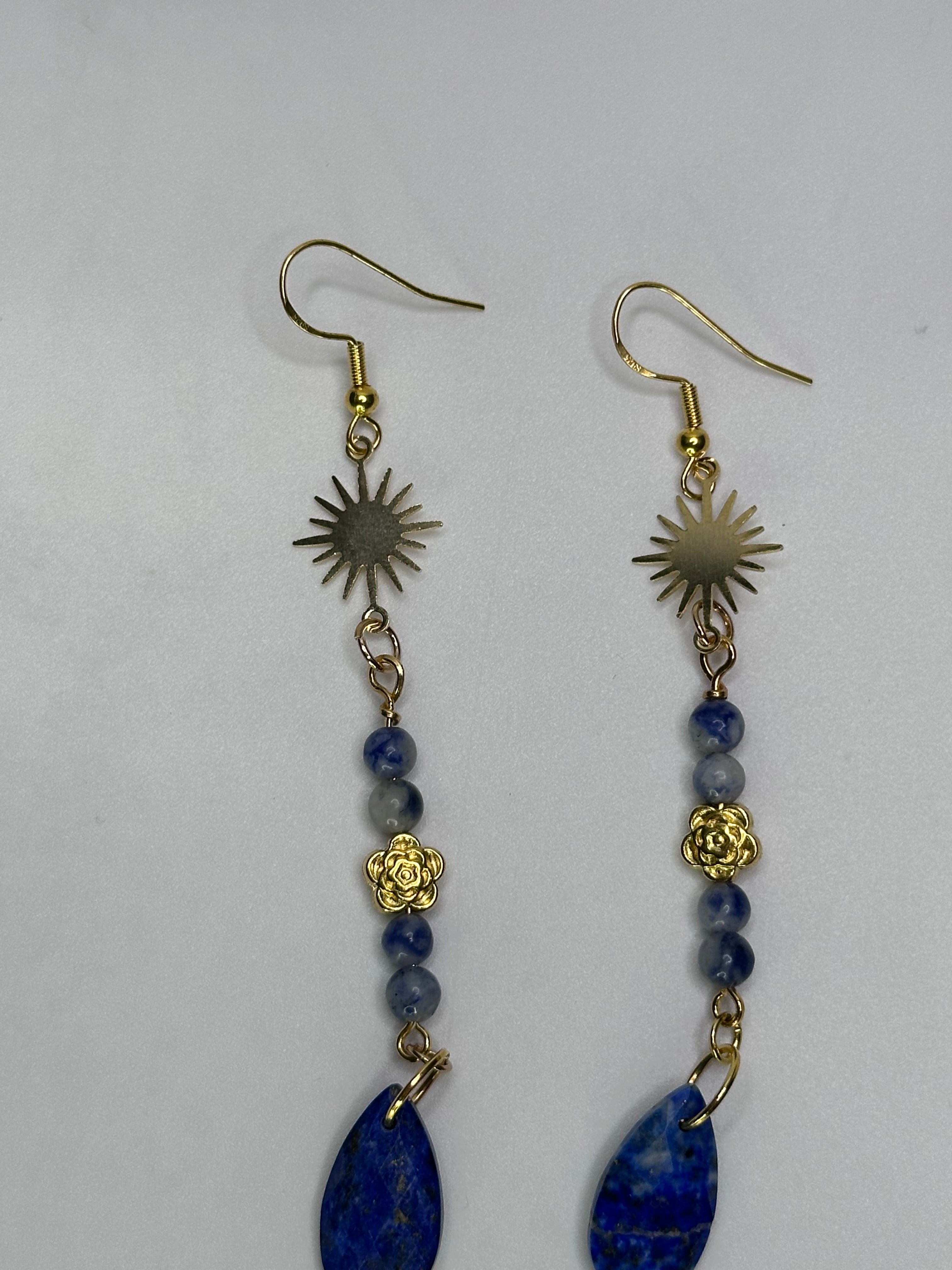 Golden Sunburst Lapis Lazuli Drop Earrings