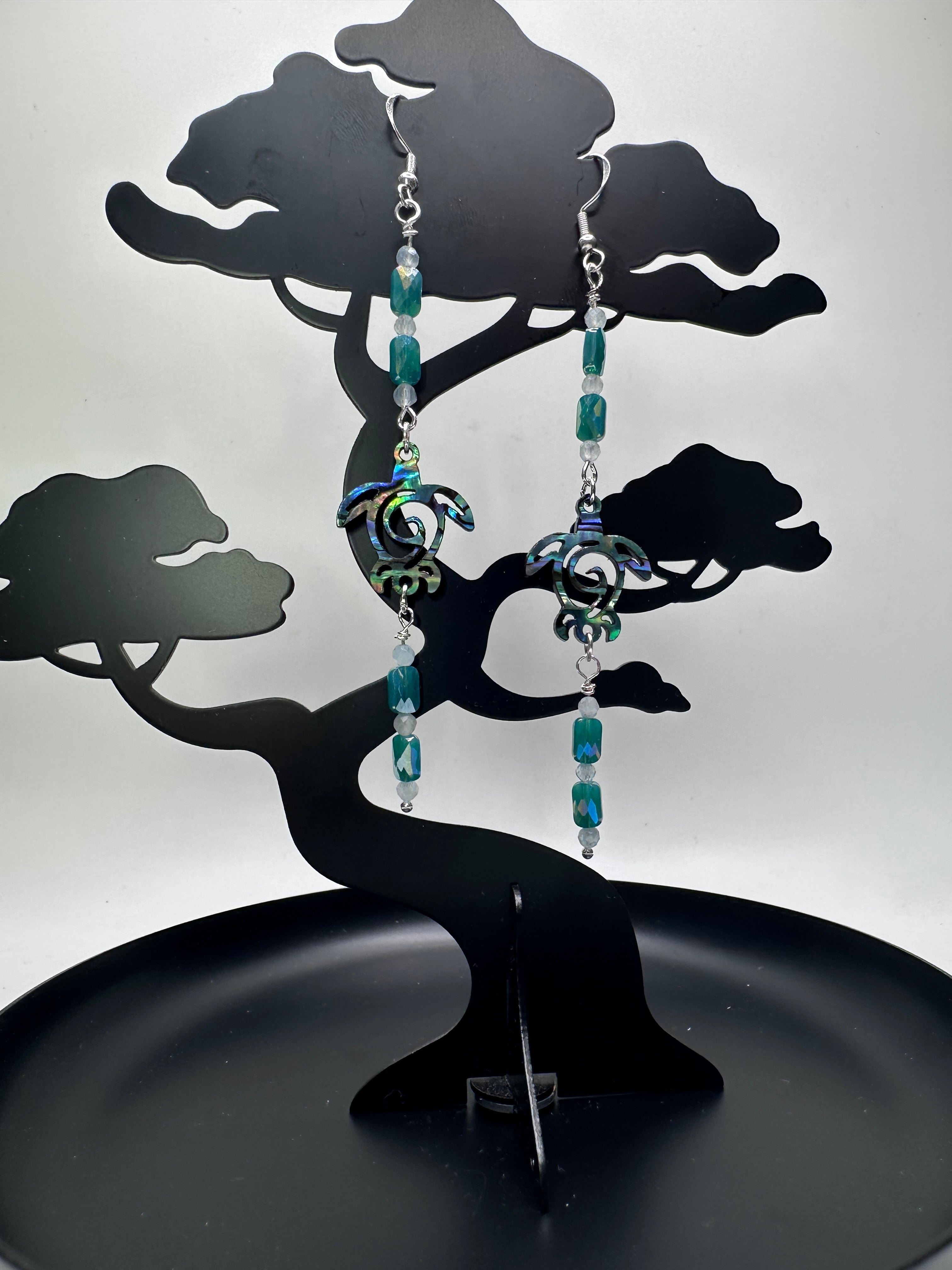 Abalone Inlay on Resin Turtles with Aquamarine and Crystals Earrings