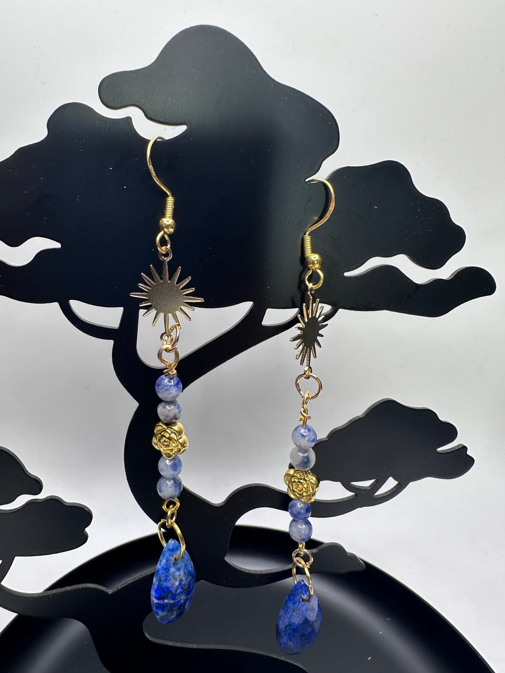 Golden Sunburst Lapis Lazuli Drop Earrings