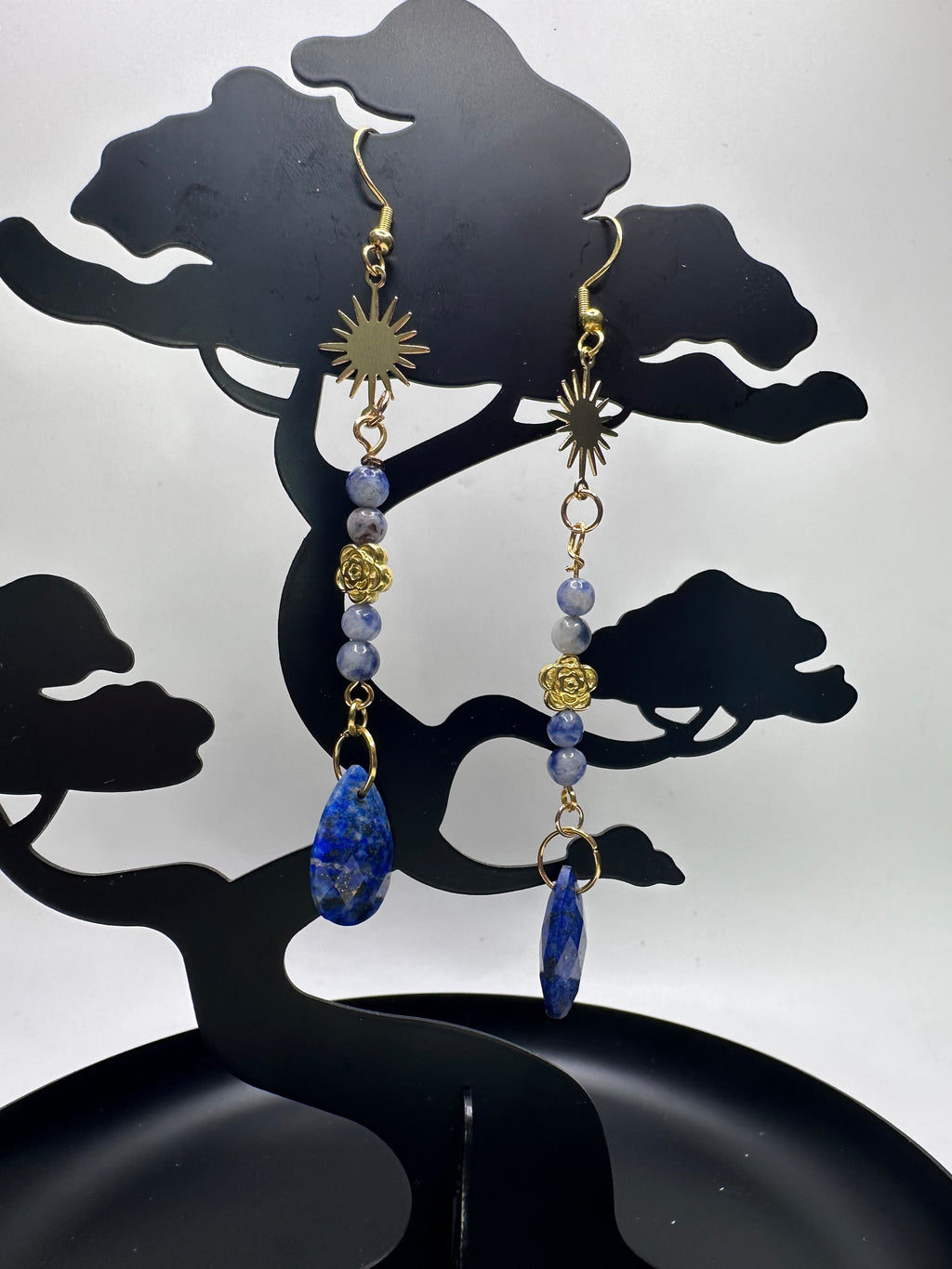 Golden Sunburst Lapis Lazuli Drop Earrings