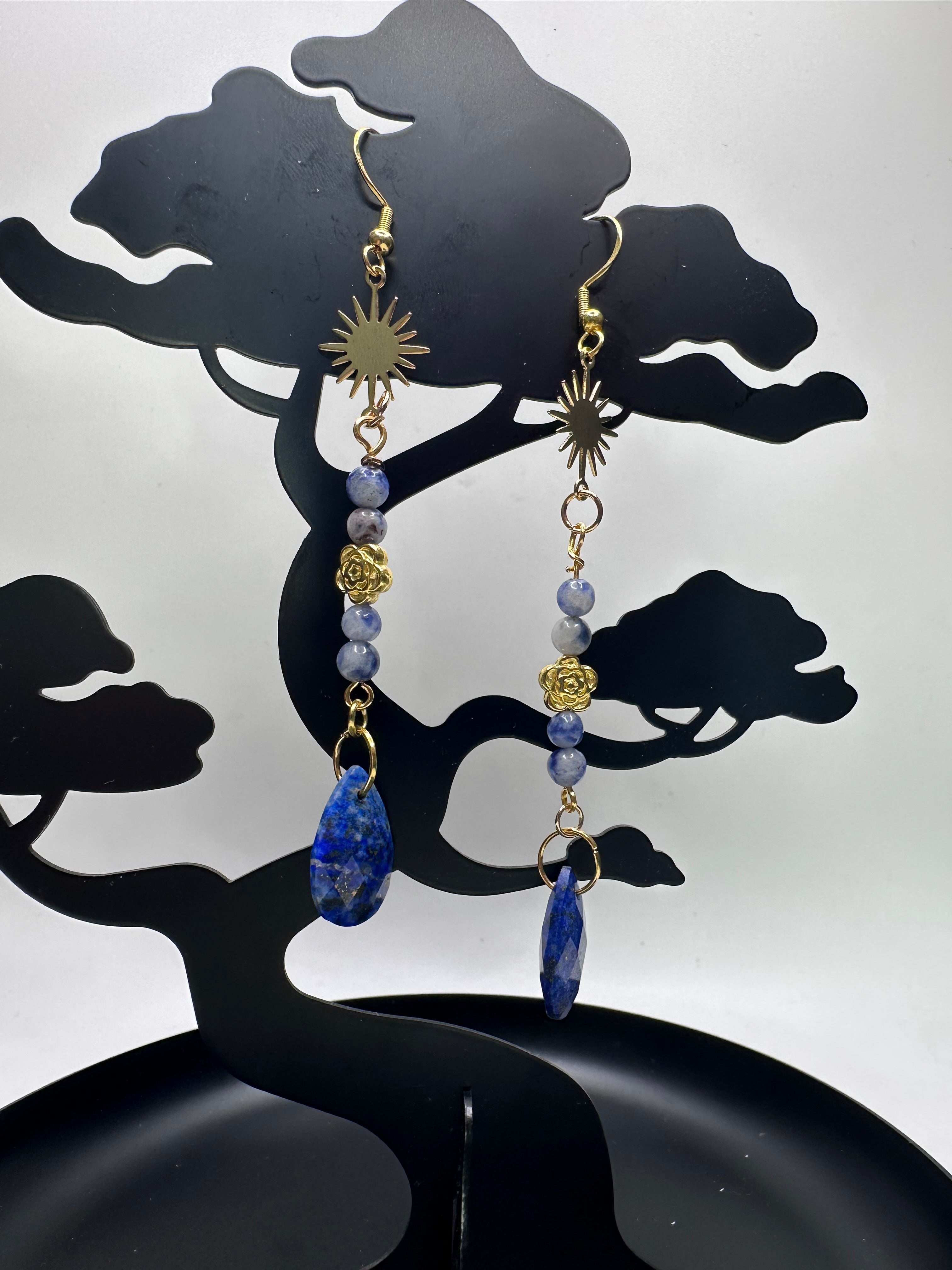 Golden Sunburst Lapis Lazuli Drop Earrings