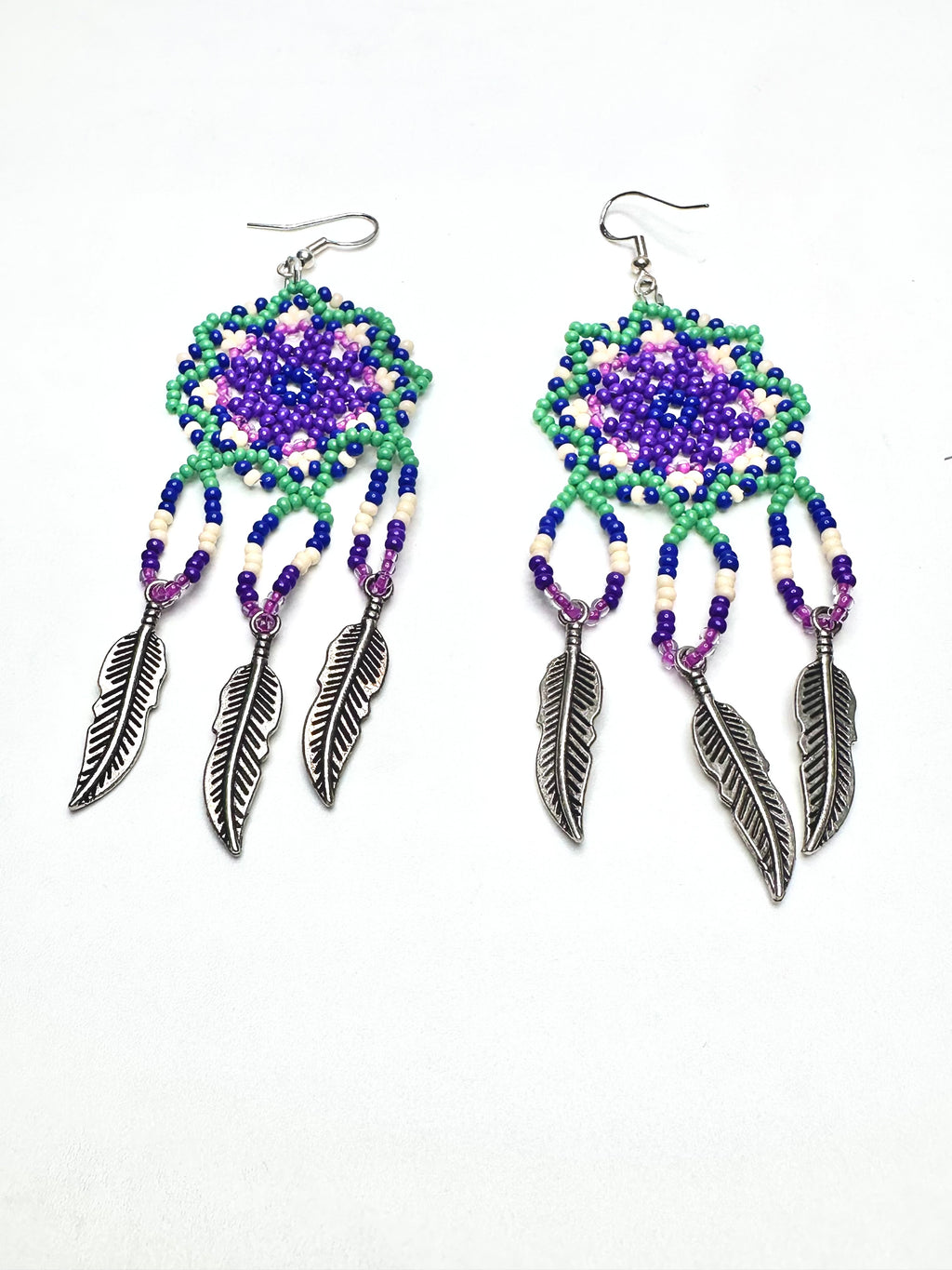 Floral Huichol Style Earrings – Purple, Green, Cream & Blue