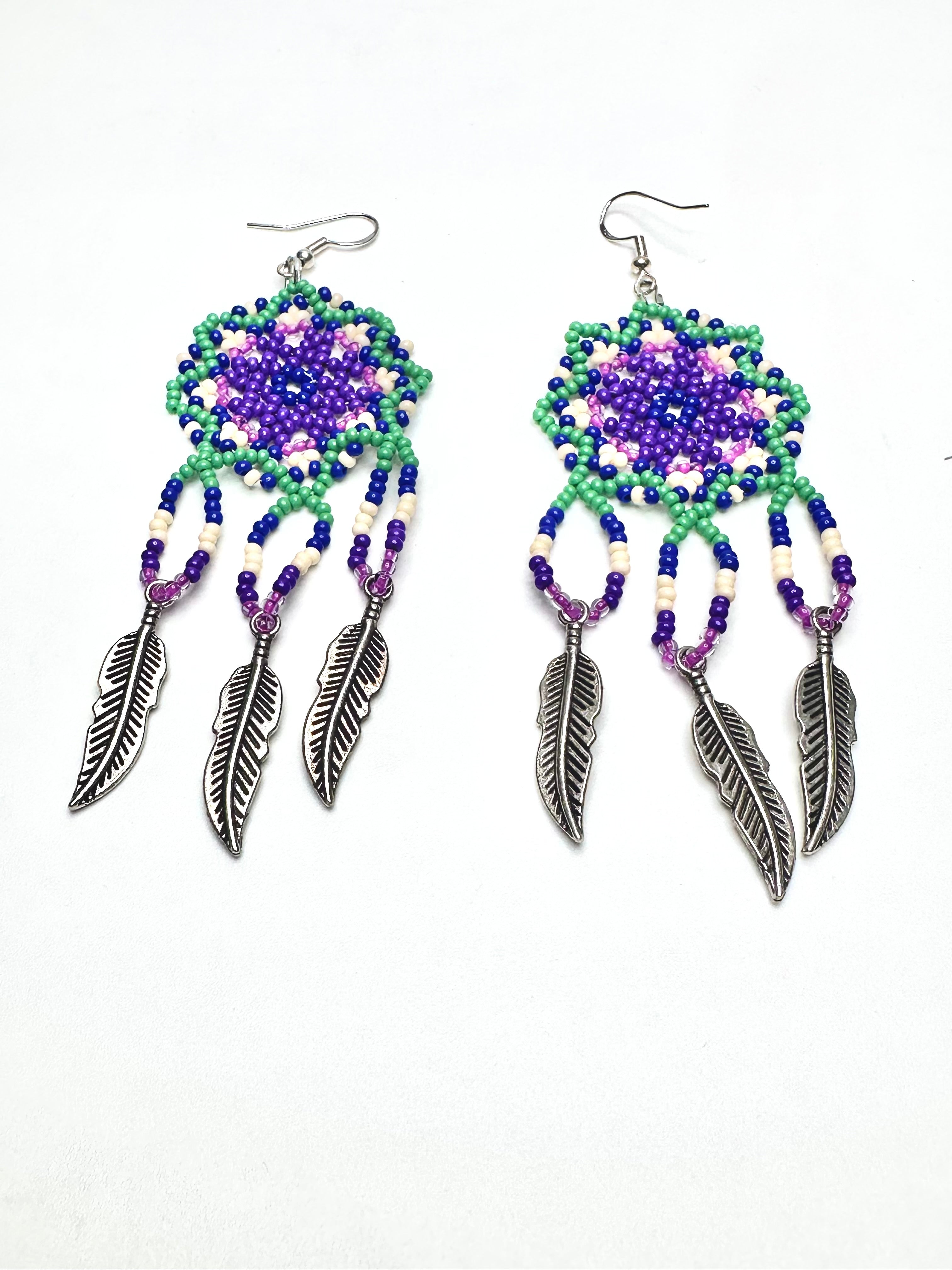 Floral Huichol Style Earrings – Purple, Green, Cream & Blue