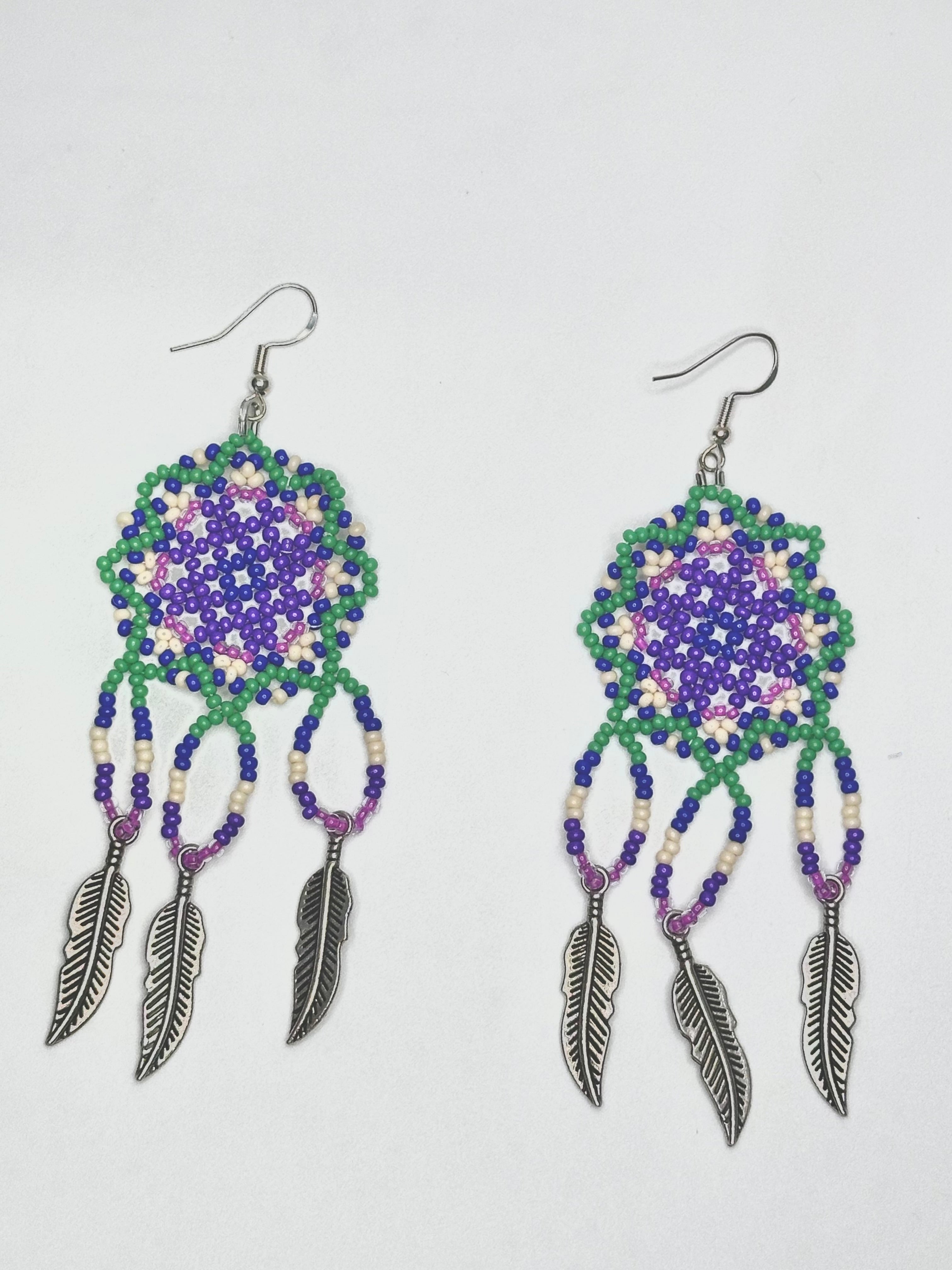 Floral Huichol Style Earrings – Purple, Green, Cream & Blue