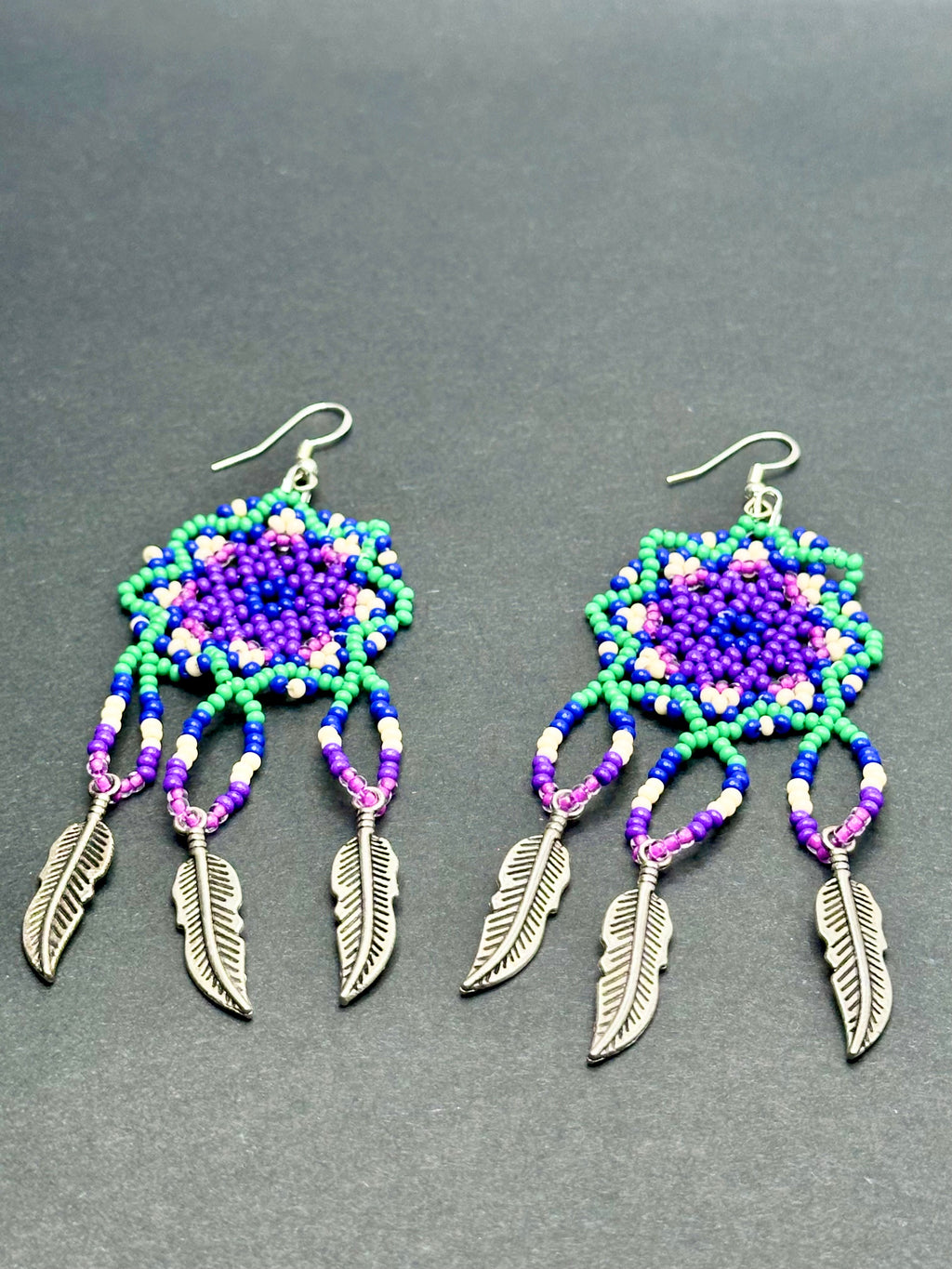 Floral Huichol Style Earrings – Purple, Green, Cream & Blue
