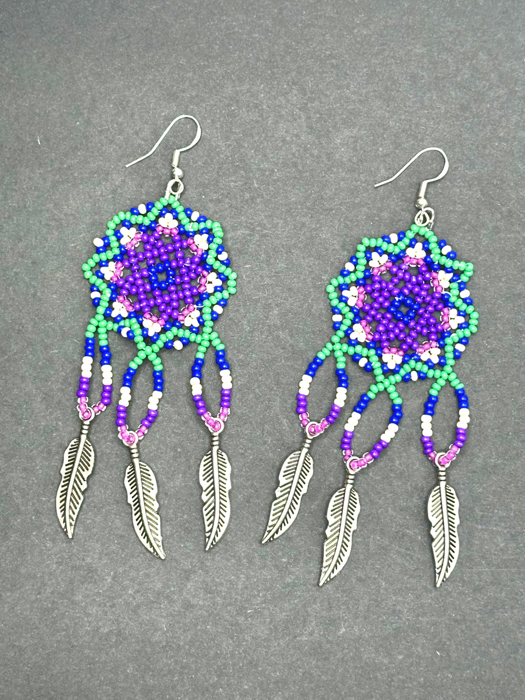 Floral Huichol Style Earrings – Purple, Green, Cream & Blue