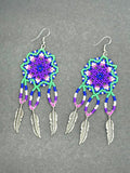 Floral Huichol Style Earrings – Purple, Green, Cream & Blue