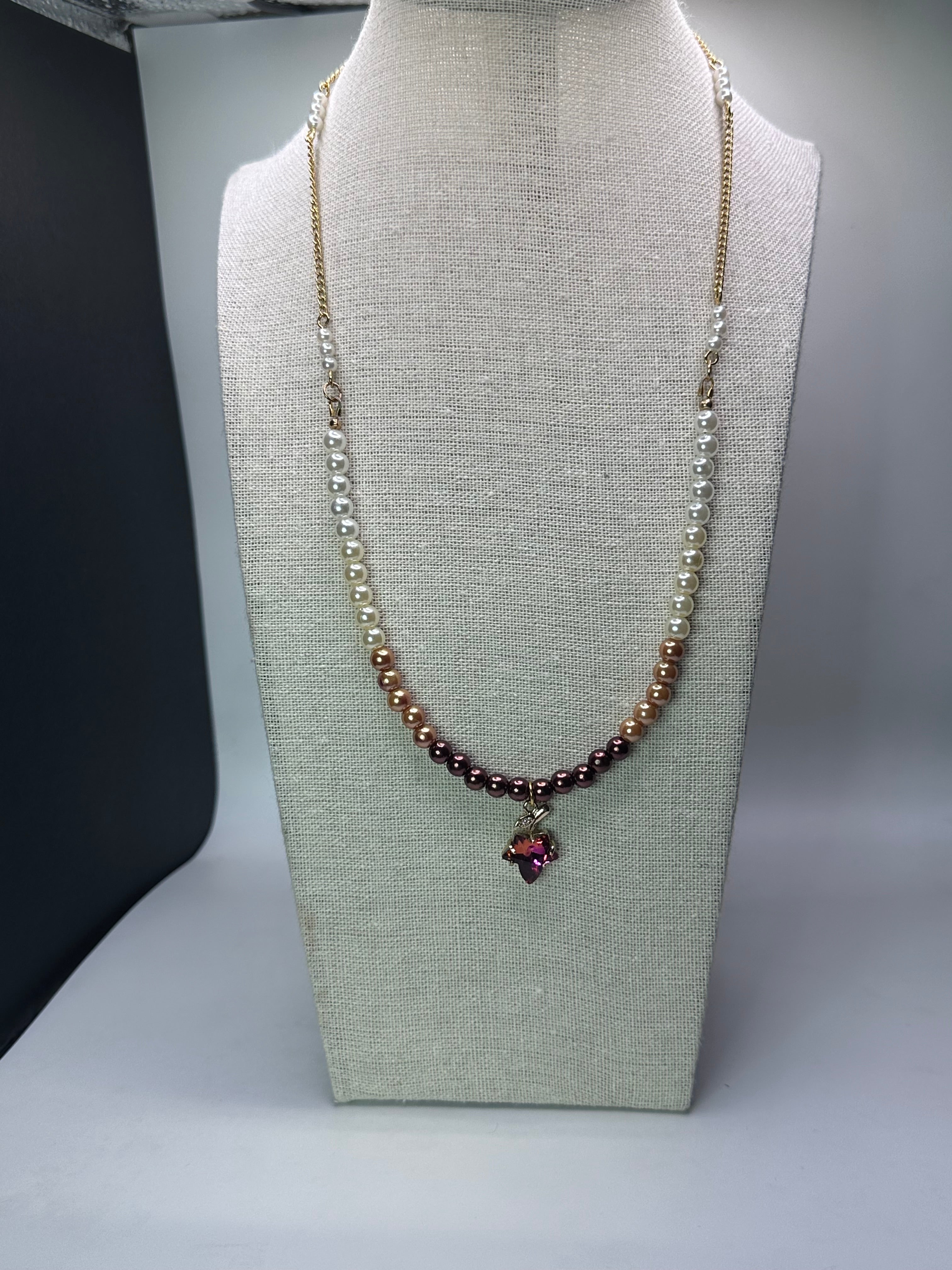 Elegant Crystal & Faux Pearl Ombré Necklace – Pink Leaf Pendant, Gold-Tone Chain