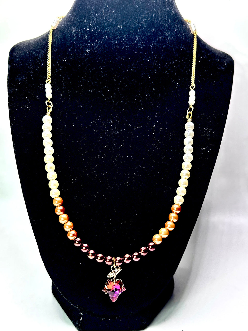 Elegant Crystal & Faux Pearl Ombré Necklace – Pink Leaf Pendant, Gold-Tone Chain