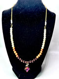 Elegant Crystal & Faux Pearl Ombré Necklace – Pink Leaf Pendant, Gold-Tone Chain