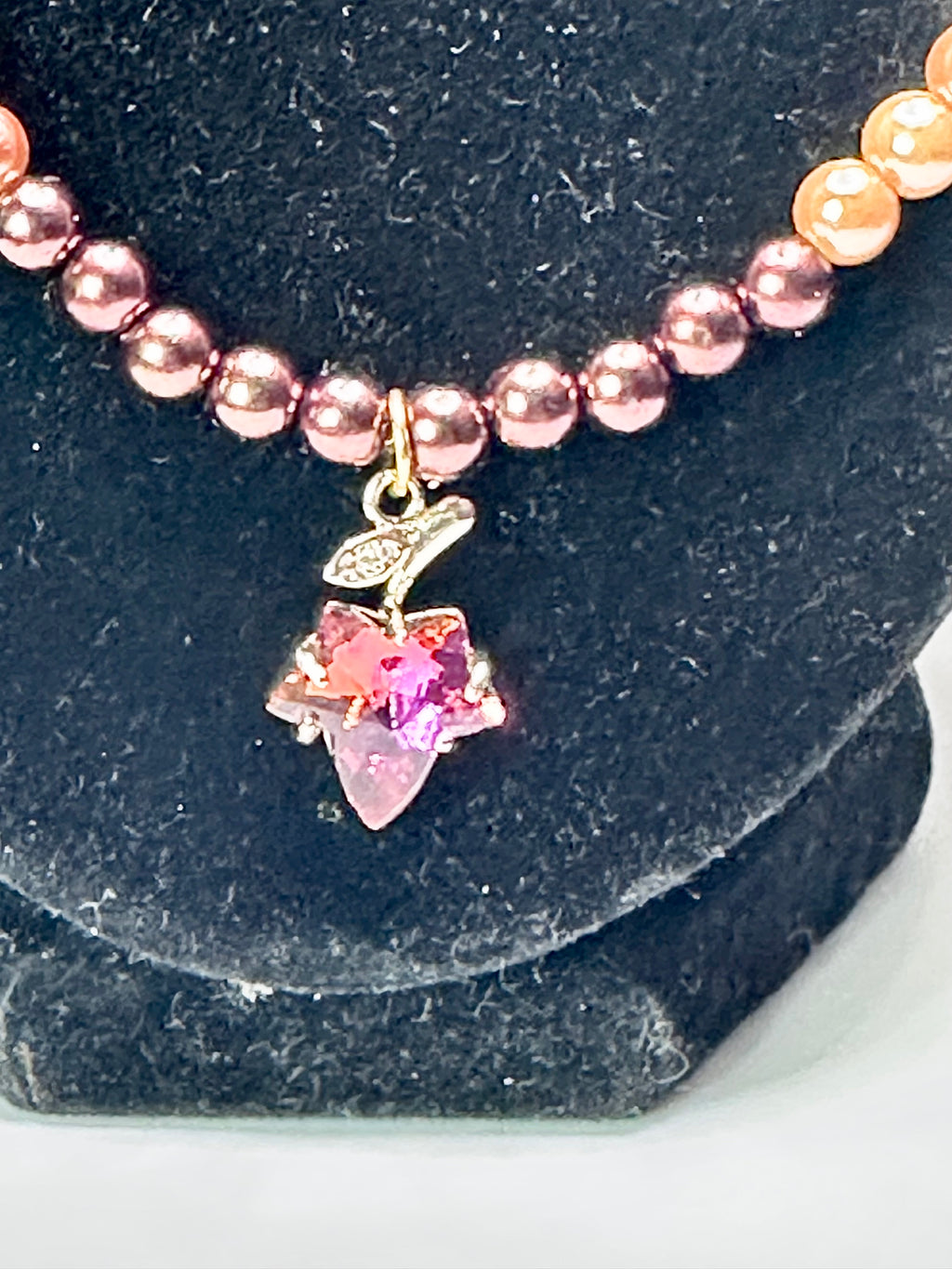 Elegant Crystal & Faux Pearl Ombré Necklace – Pink Leaf Pendant, Gold-Tone Chain