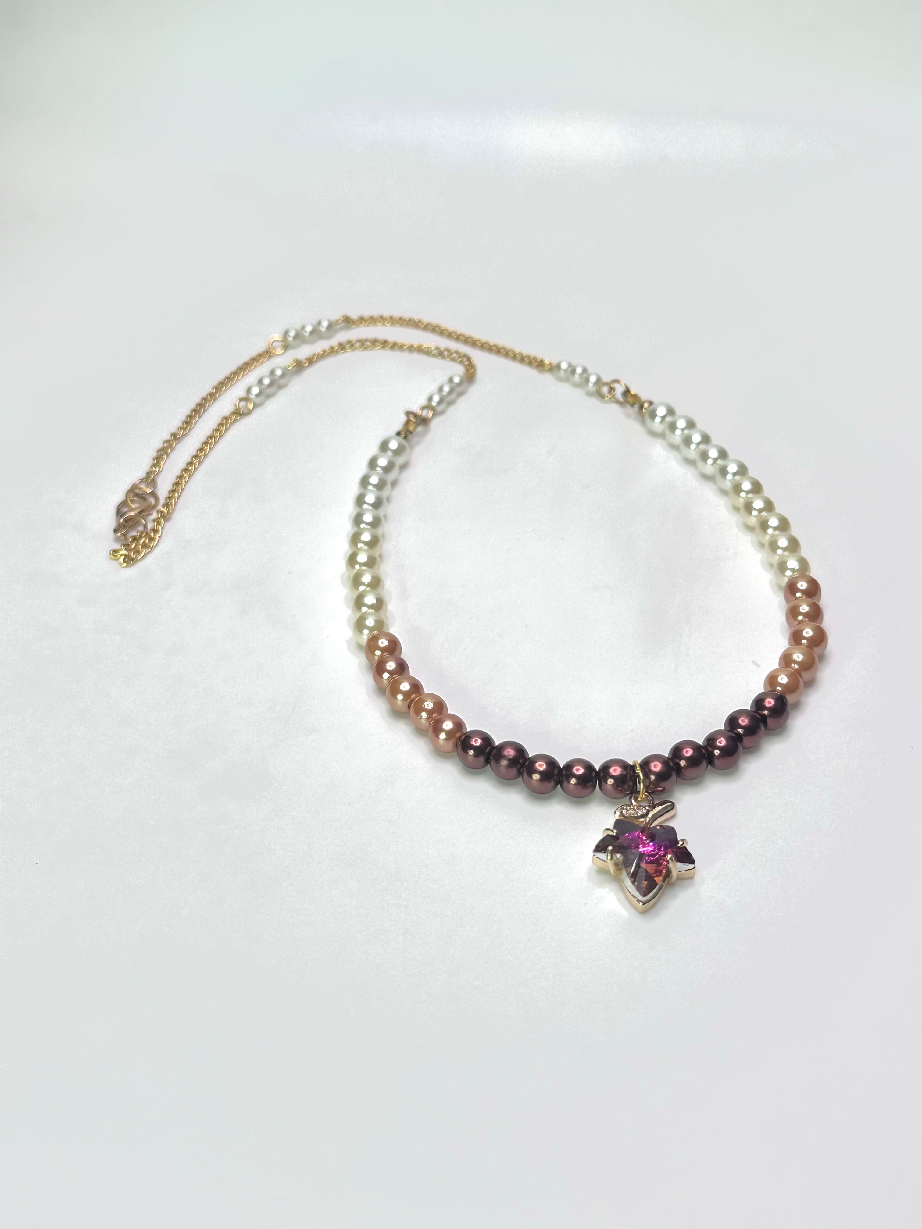 Elegant Crystal & Faux Pearl Ombré Necklace – Pink Leaf Pendant, Gold-Tone Chain