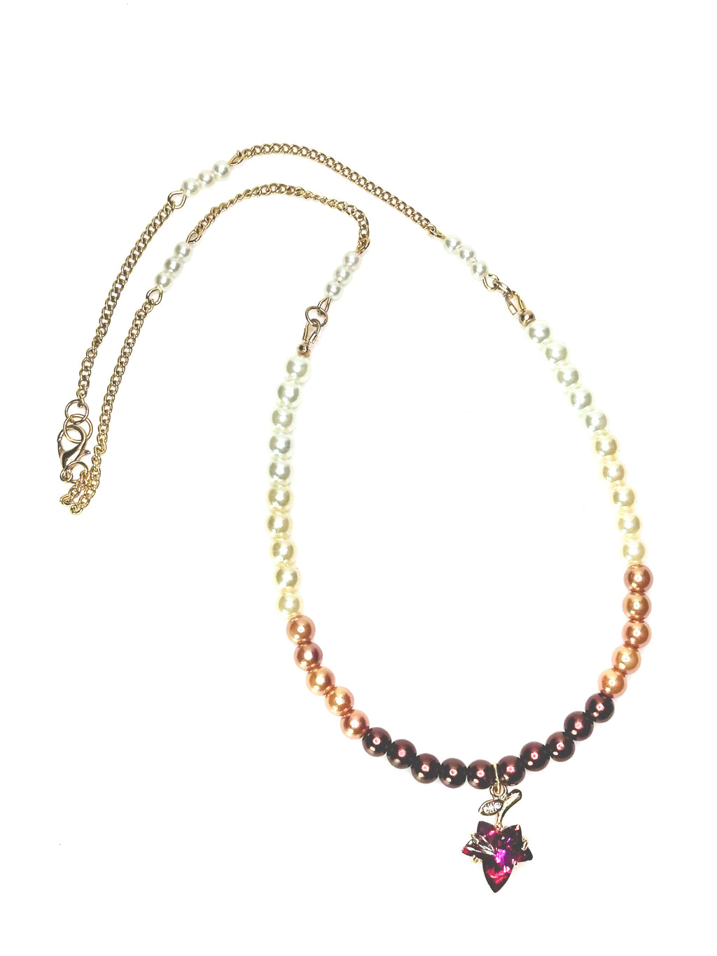 Elegant Crystal & Faux Pearl Ombré Necklace – Pink Leaf Pendant, Gold-Tone Chain