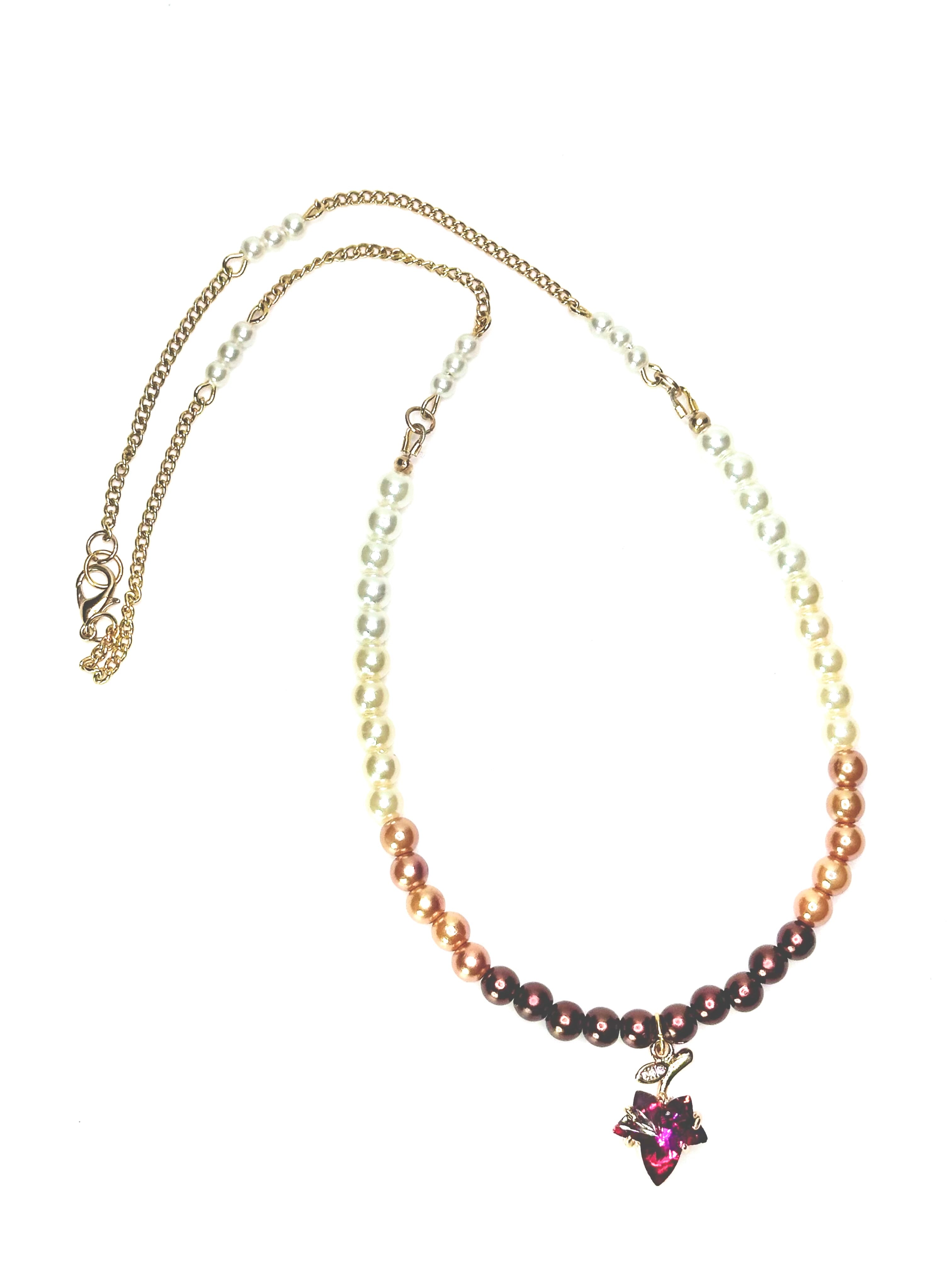 Elegant Crystal & Faux Pearl Ombré Necklace – Pink Leaf Pendant, Gold-Tone Chain