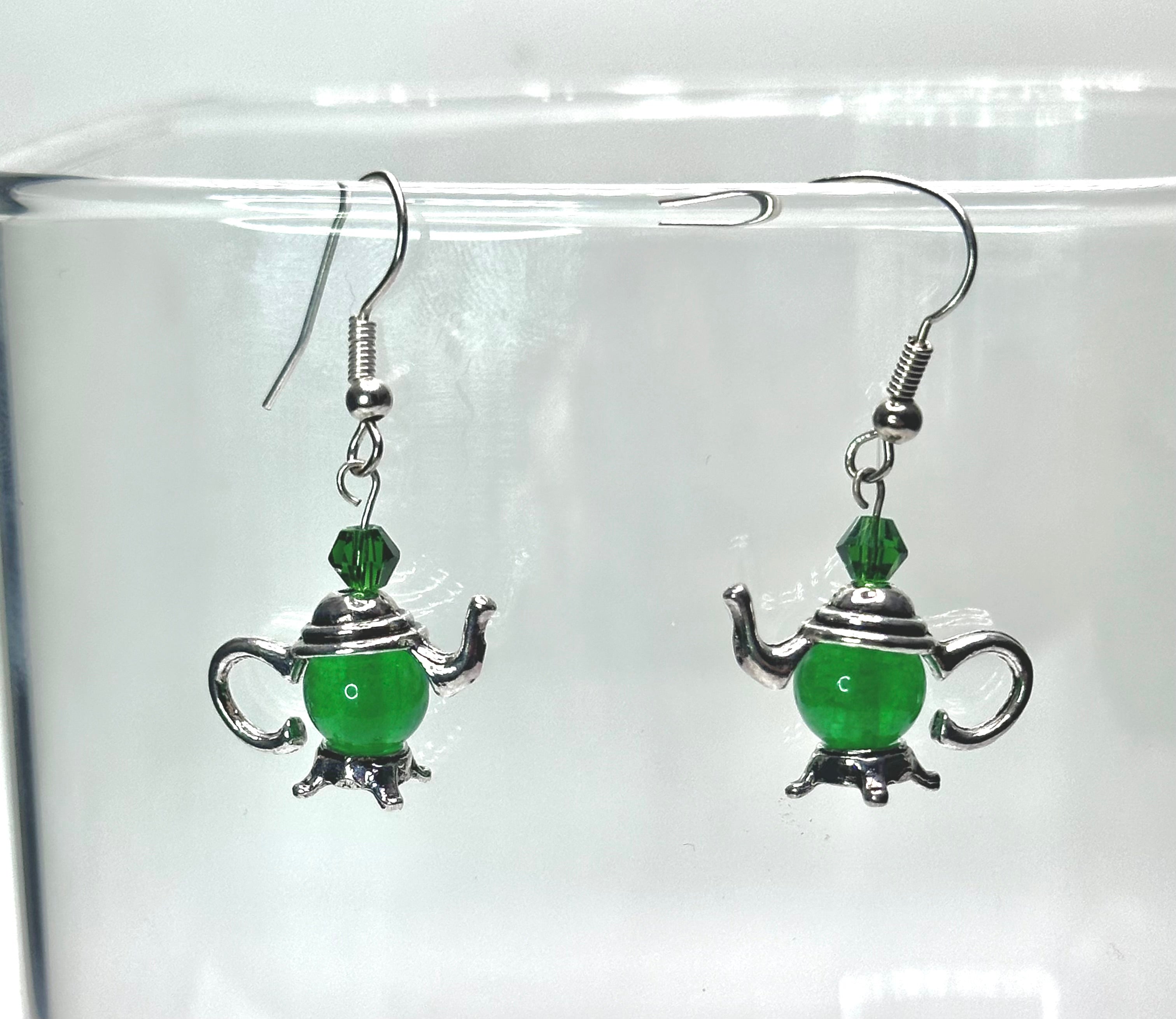 Green Aventurine Teapot Earrings – Silver with Emerald Crystal Accent