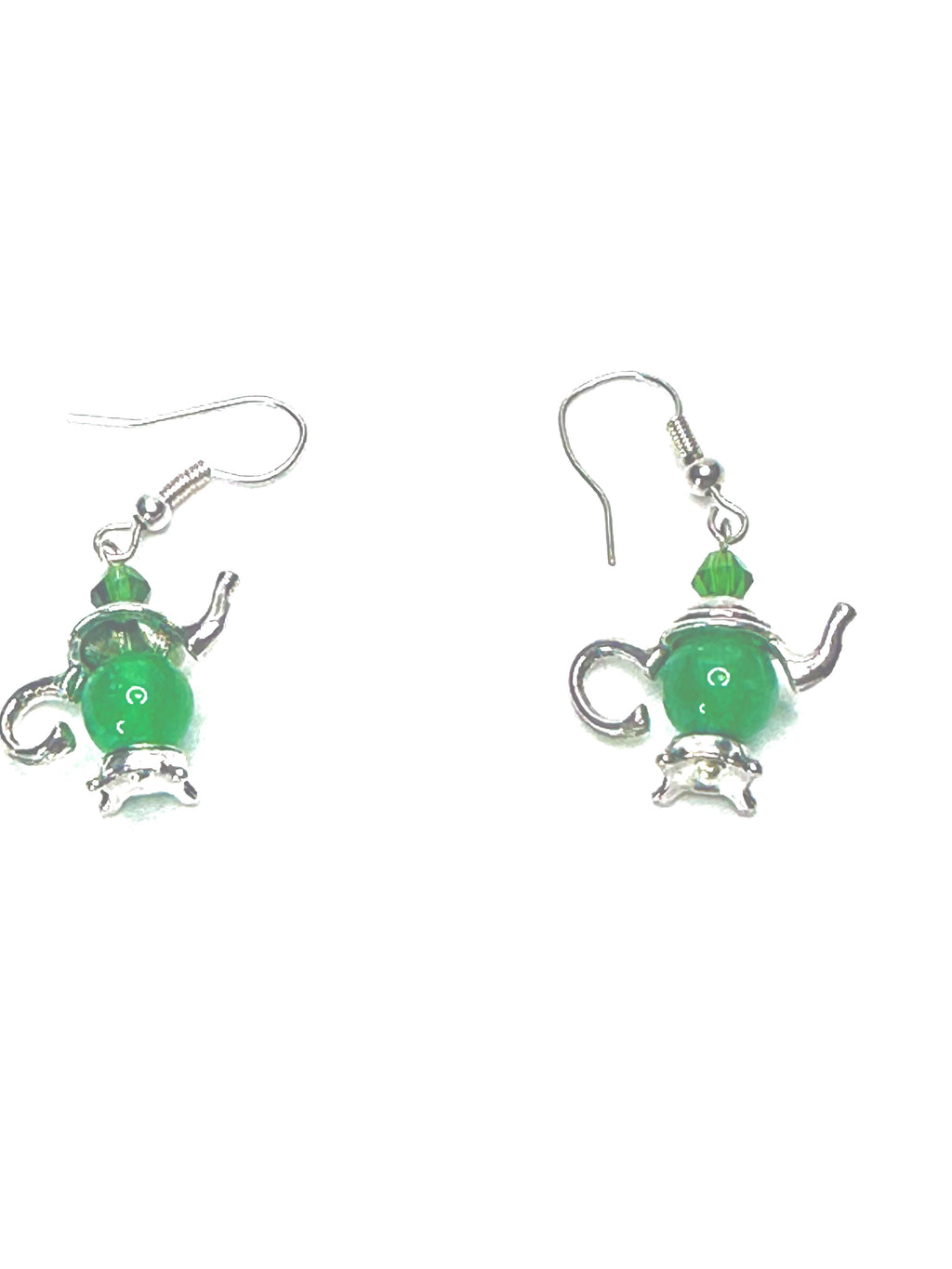 Green Aventurine Teapot Earrings – Silver with Emerald Crystal Accent