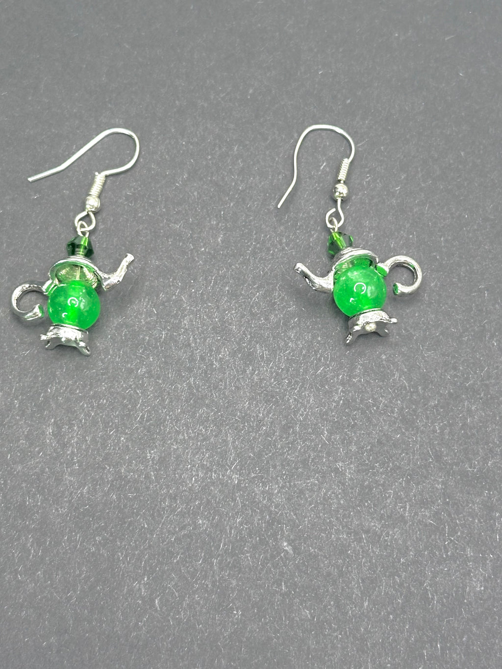 Green Aventurine Teapot Earrings – Silver with Emerald Crystal Accent