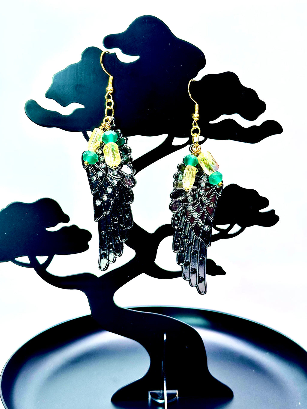 Black Metal Angel Wing Earrings – Rhinestone & Crystal Accents with Gold-Plated Hooks