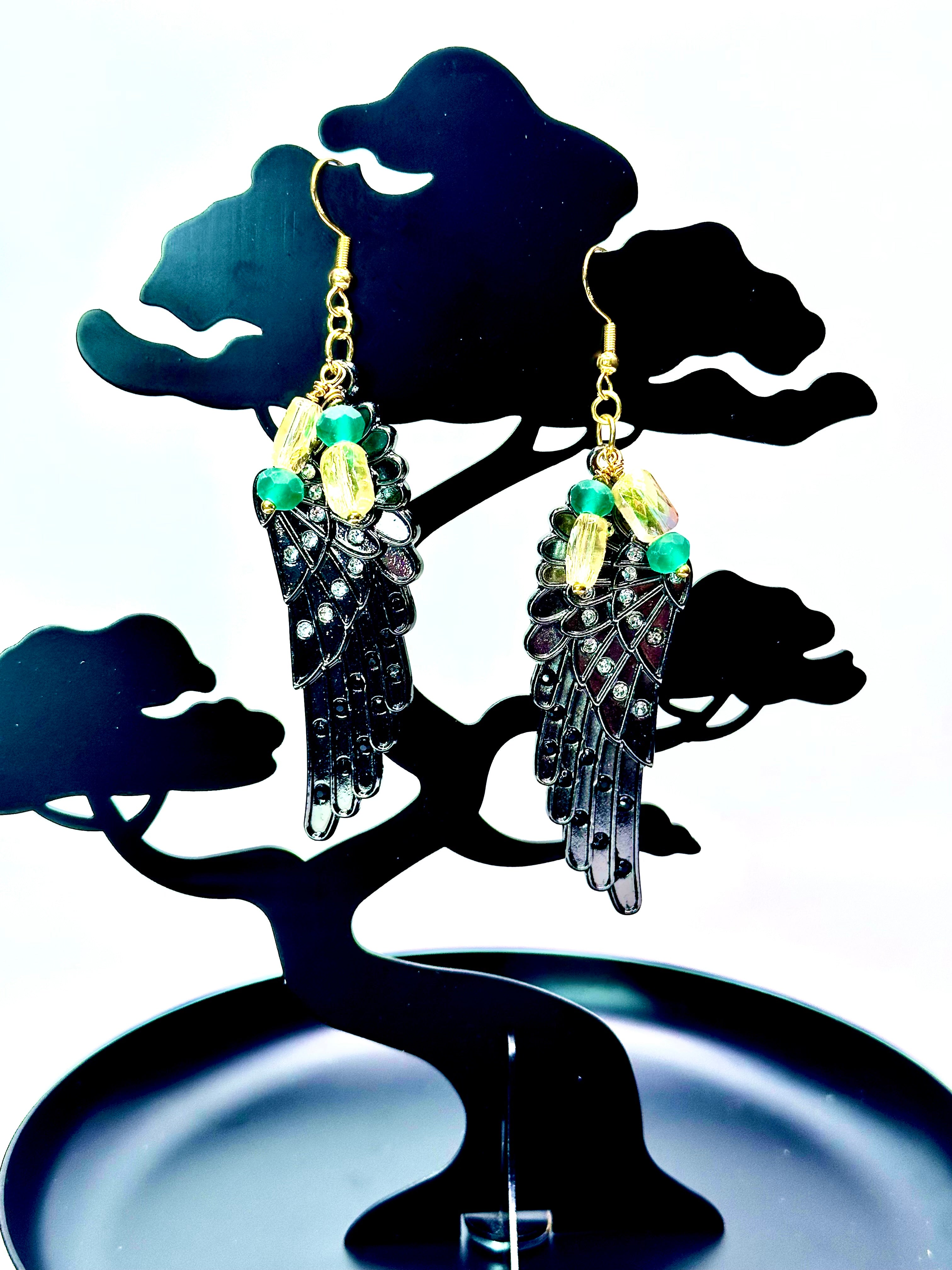 Black Metal Angel Wing Earrings – Rhinestone & Crystal Accents with Gold-Plated Hooks