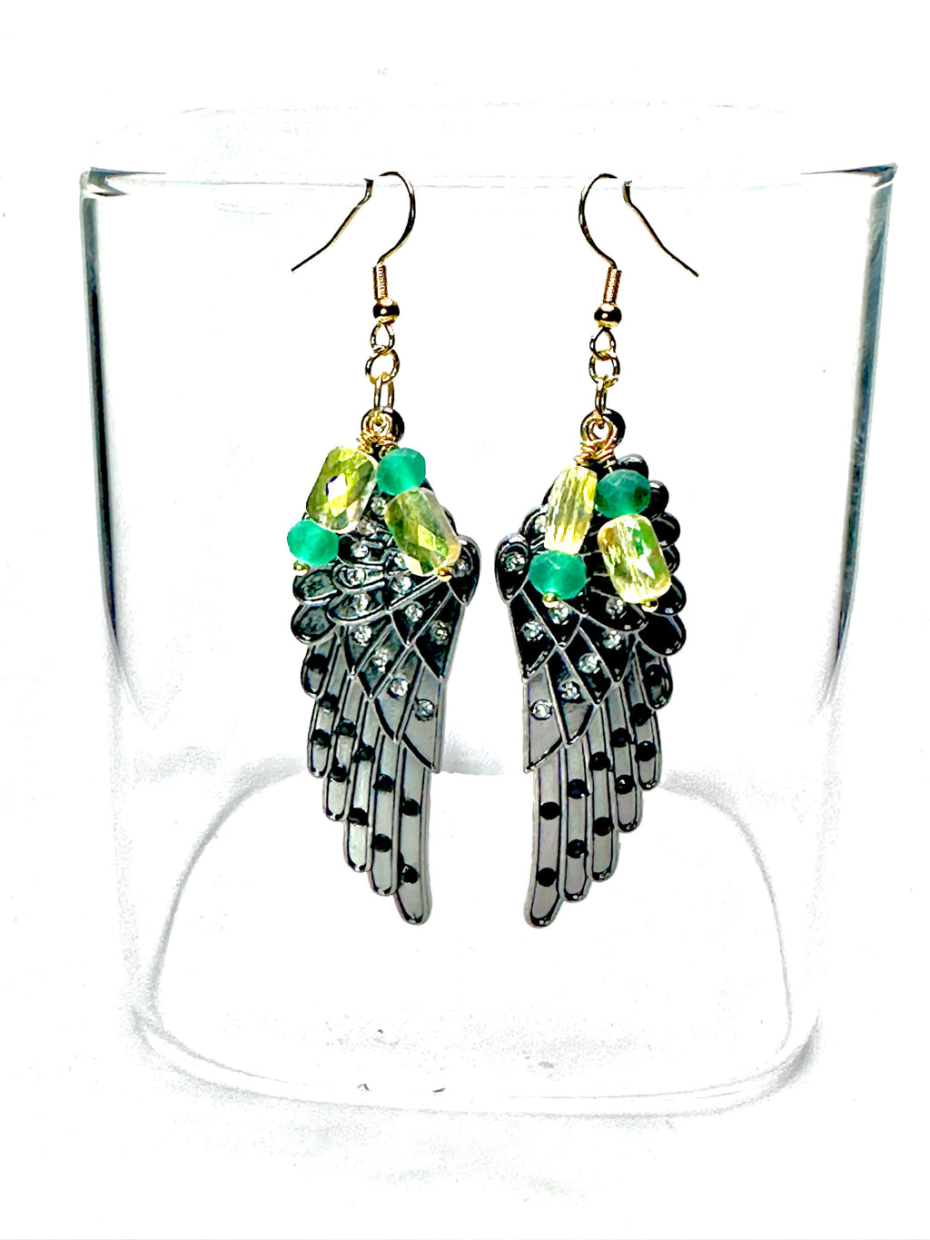 Black Metal Angel Wing Earrings – Rhinestone & Crystal Accents with Gold-Plated Hooks